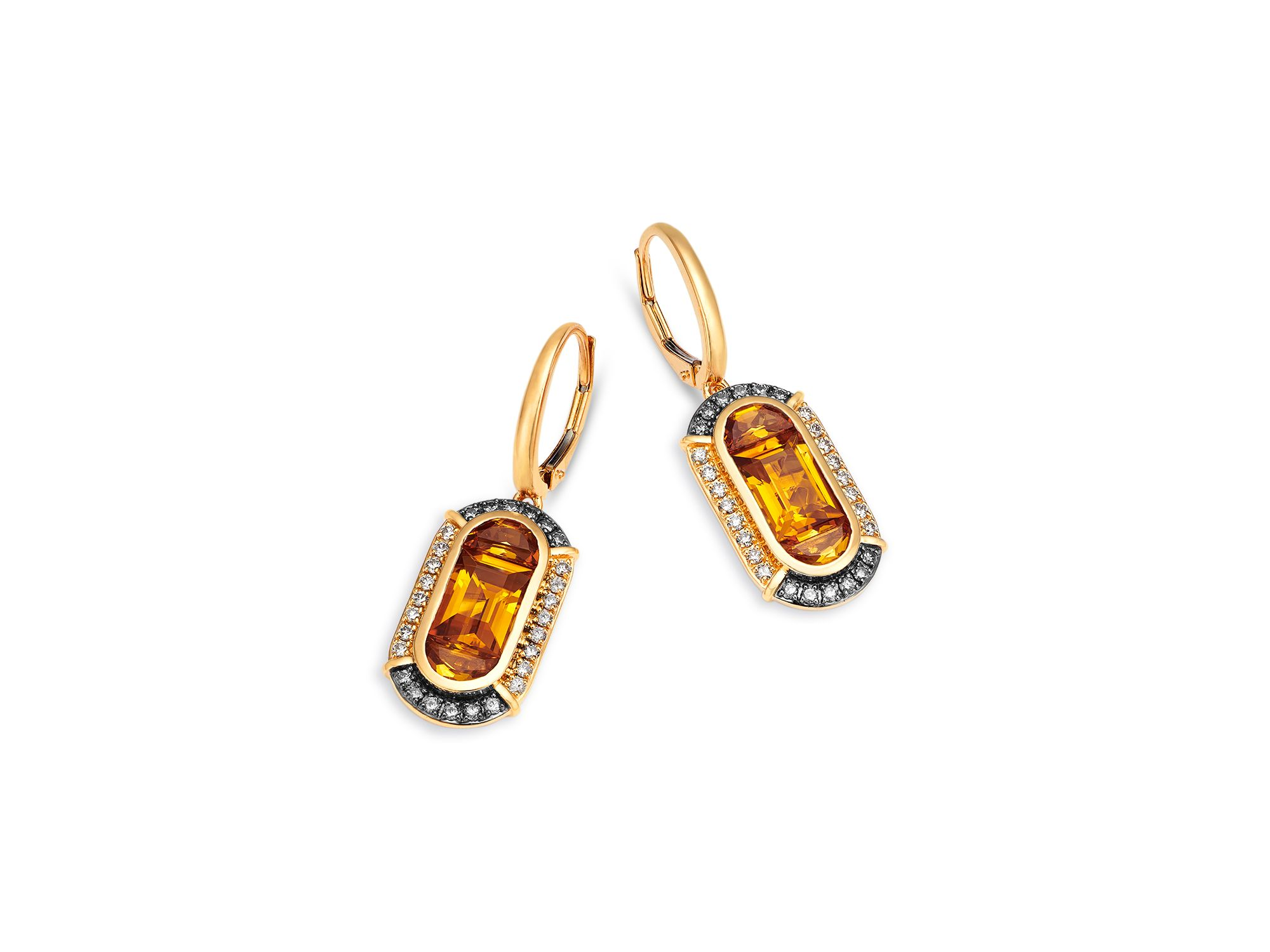 Citrine & Champagne and Brown Diamond Halo Drop Earrings in 14K Yellow Gold — Image 3