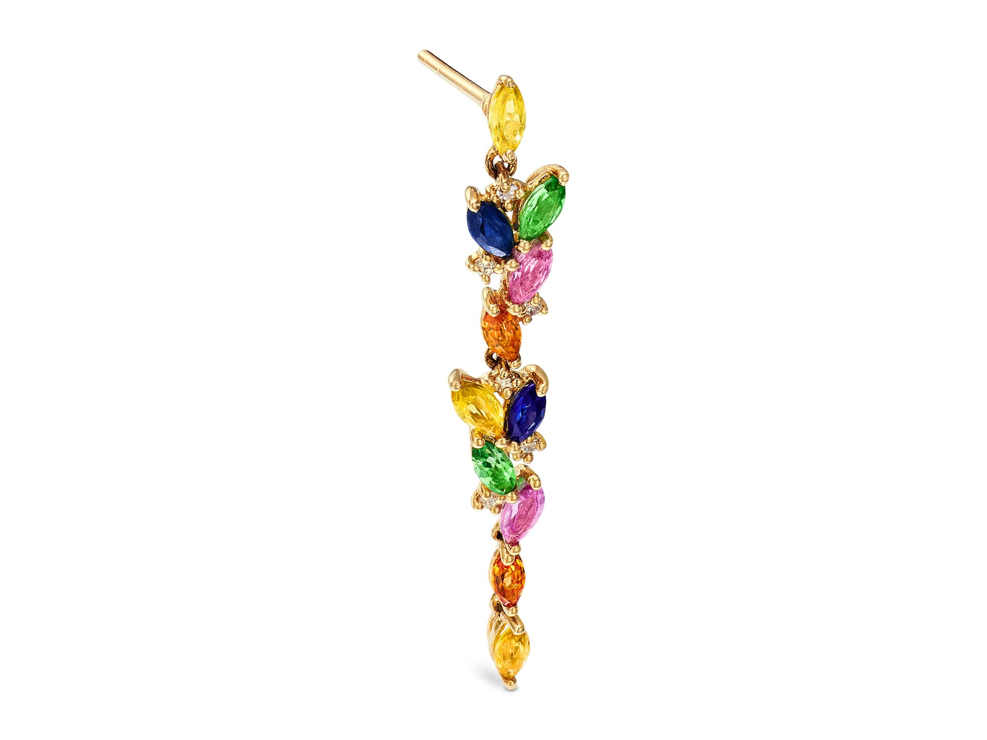 Rainbow Sapphire, Tsavorite & Diamond Linear Drop Earrings in 14K Yellow Gold — Image 3