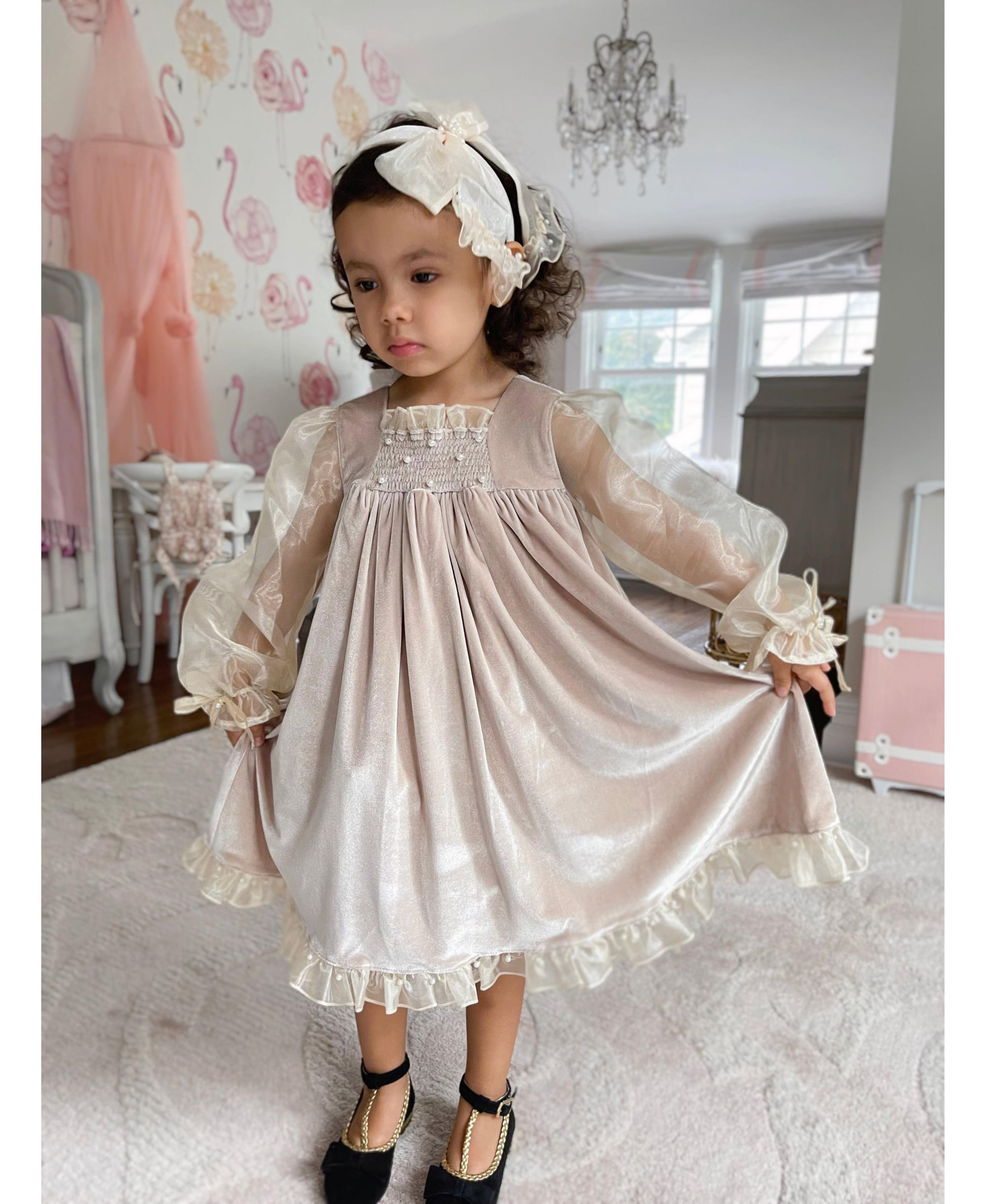 Girls' Helena Velour Dress with Organza Puff Sleeves - Baby, Little Kid, Big Kid — Image 11