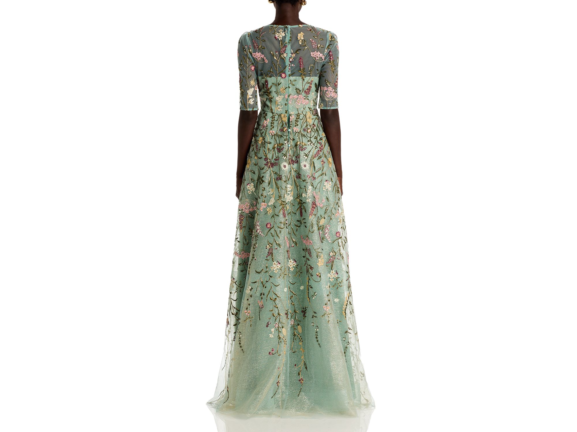 Floral Embroidered Tulle Elbow Sleeve Gown — Image 5