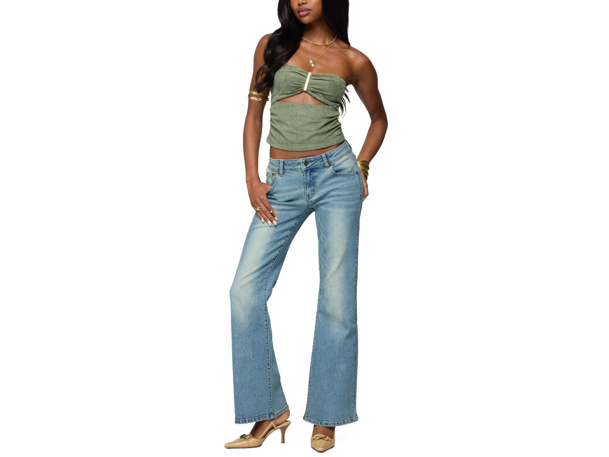 Jenni Washed Low Rise Flared Jeans in Blue Washed — Image 4