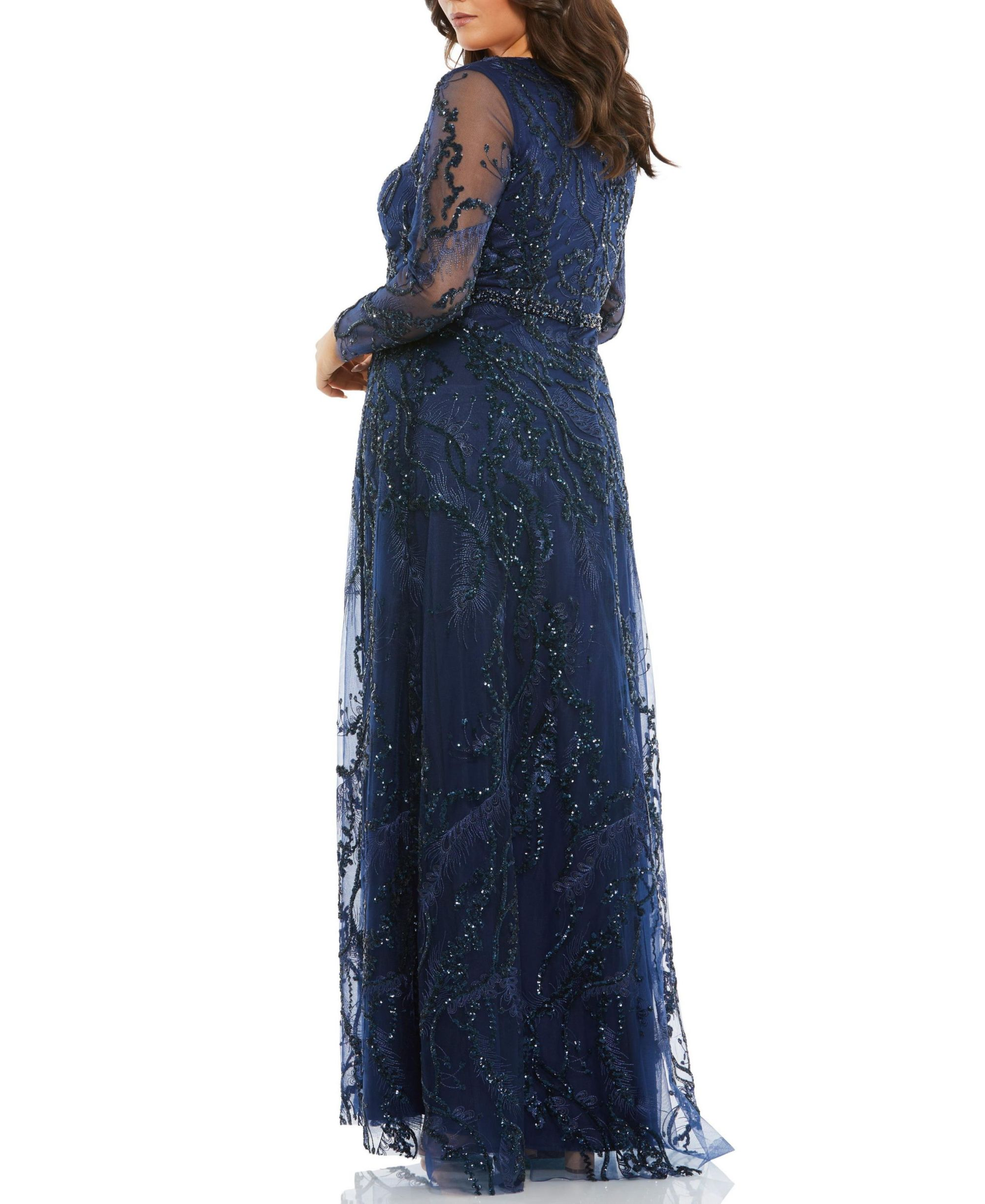 Plus Size Embellished Illusion Long Sleeve V-Neck A-Line Gown — Image 3