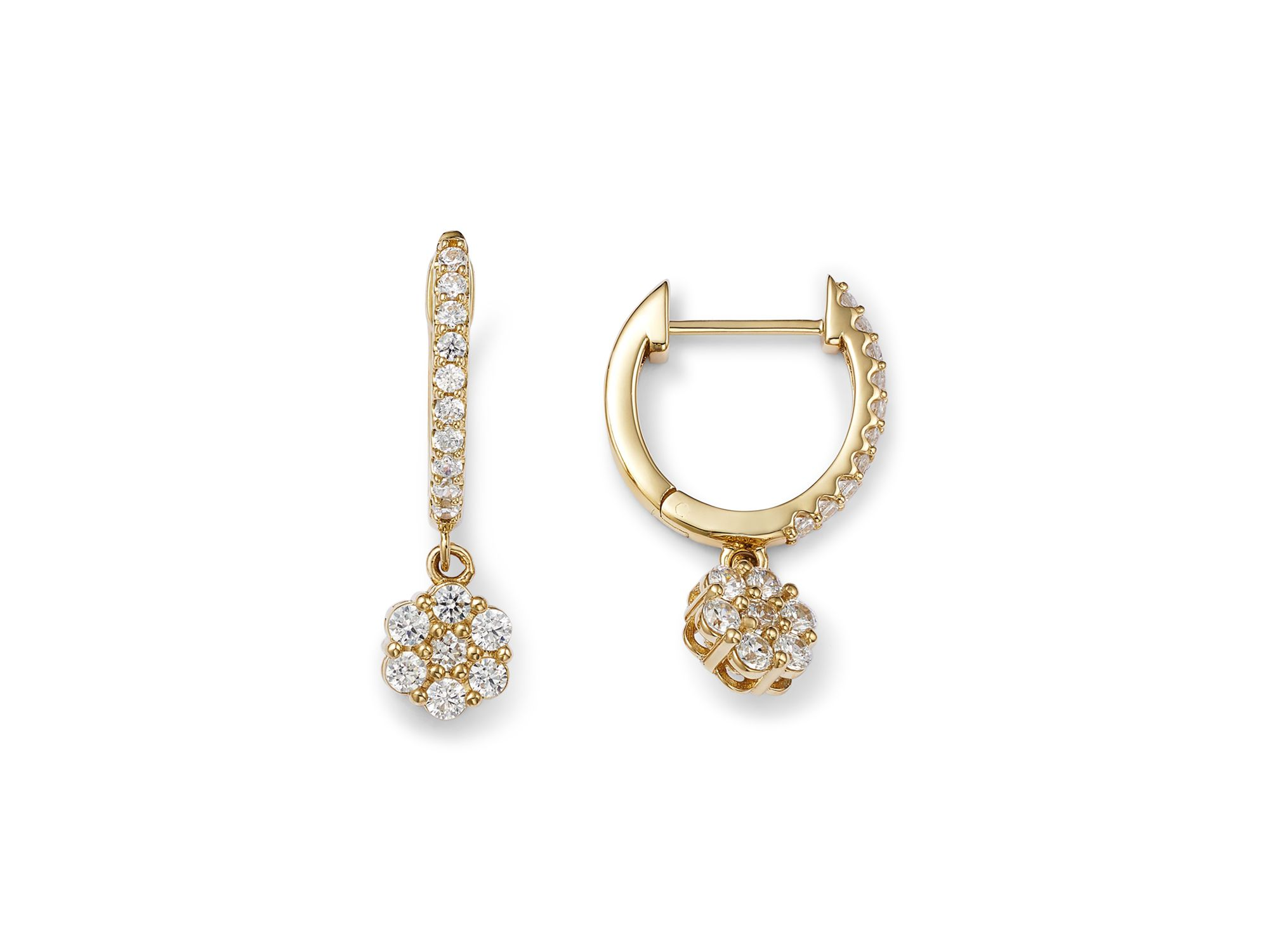 Diamond Flower Dangle Hoop Earrings in 14K Yellow Gold, 0.75 tcw — Image 3