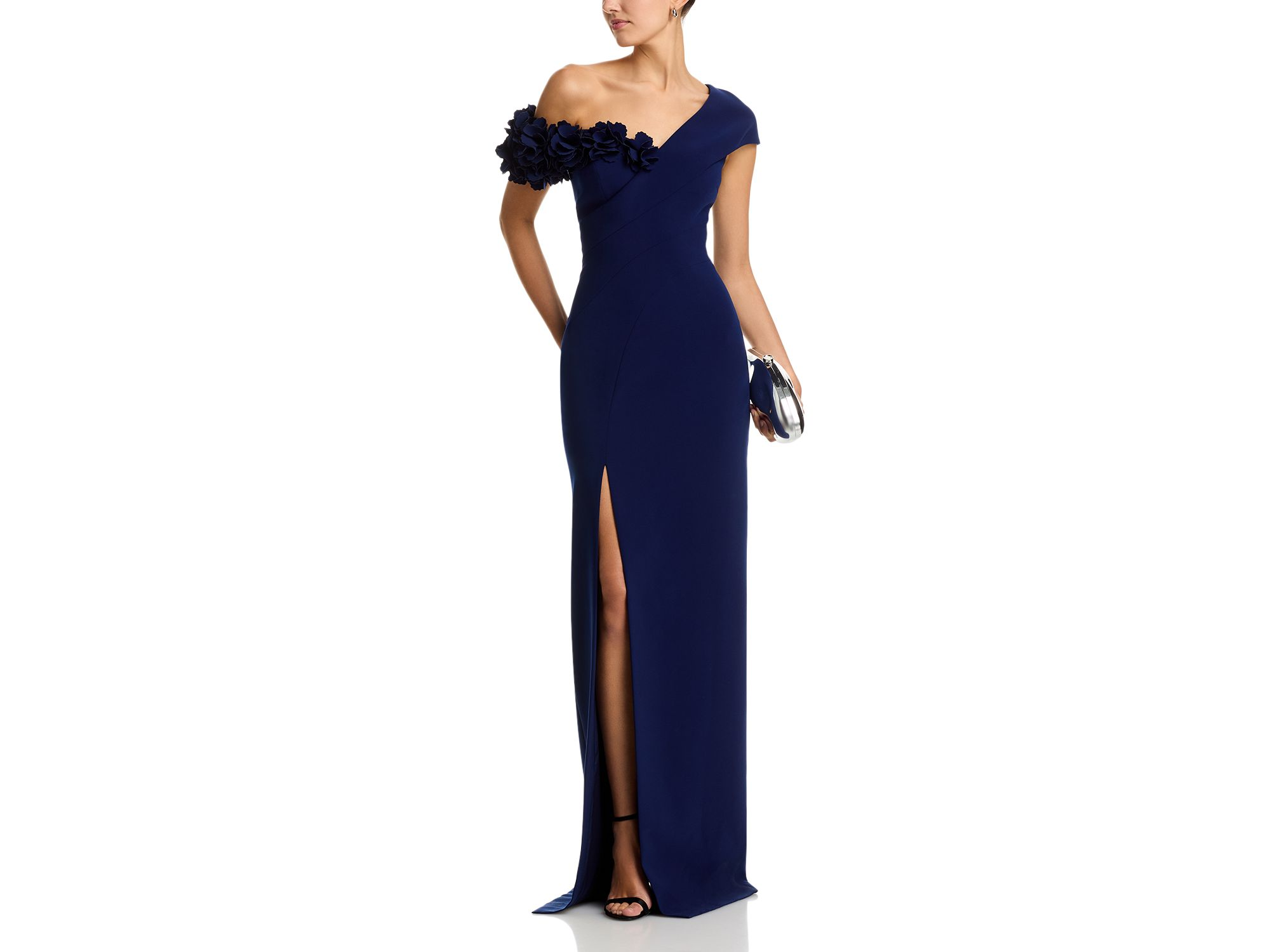 Stretch Crepe 3D Flower Asymmetric Neck Gown — Image 3