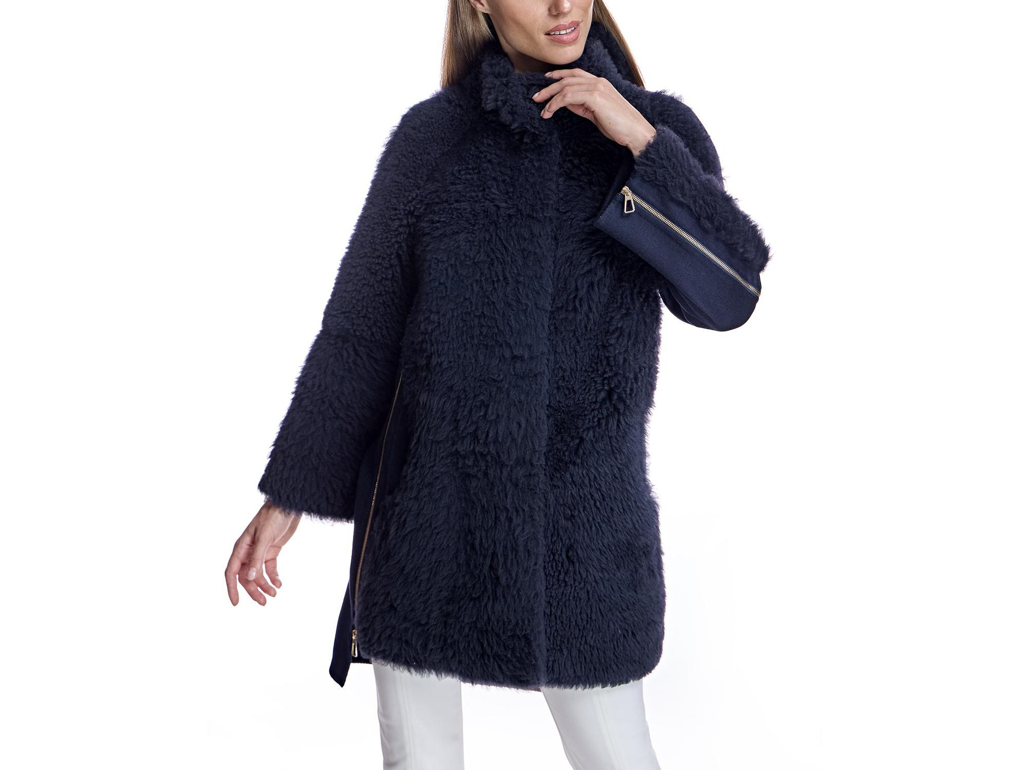 Mixed-Media Shearling Coat With Zipper Trim — Image 3