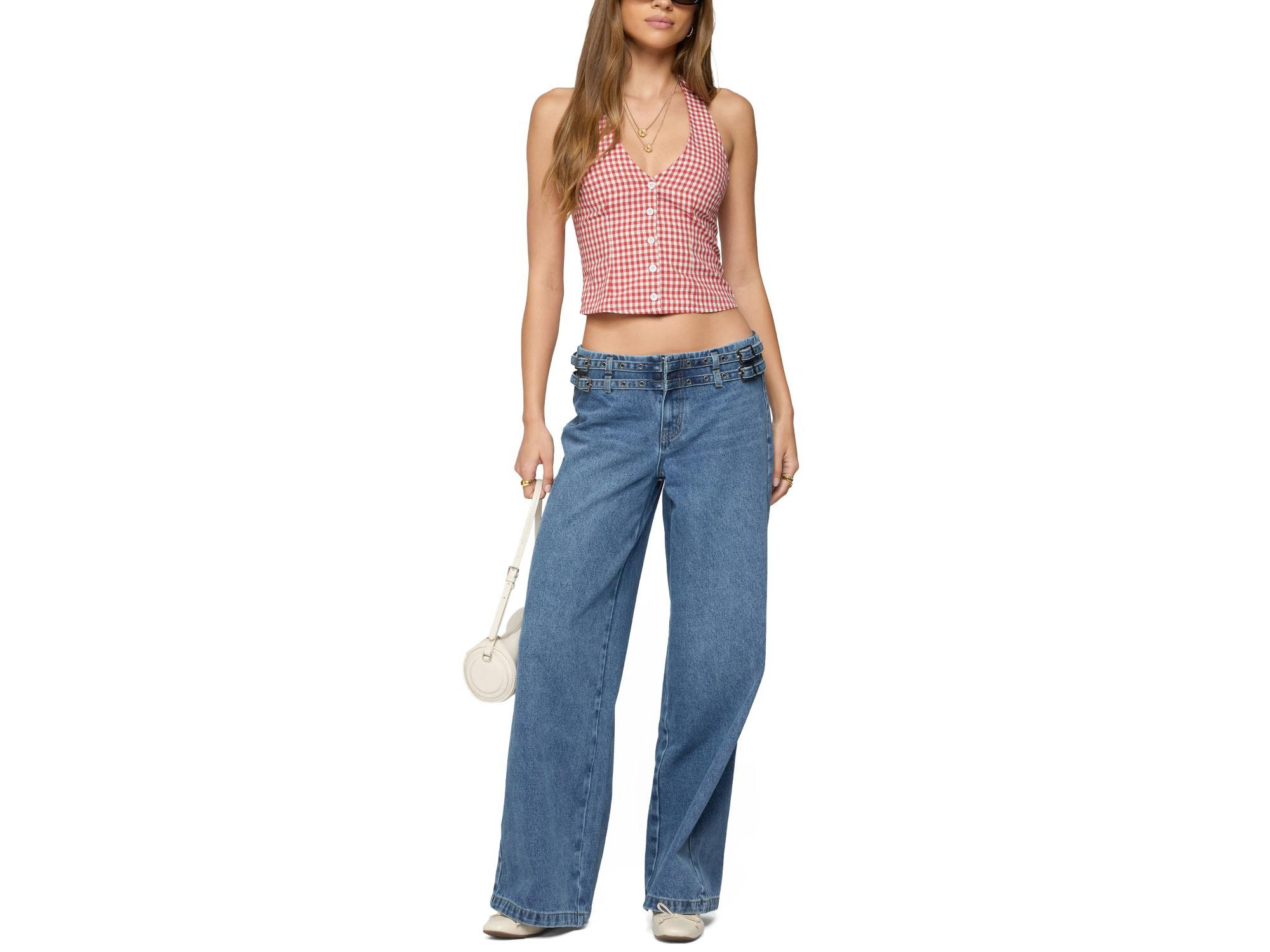Livia Double Belt Low Rise Baggy Jeans in Blue Washed — Image 4
