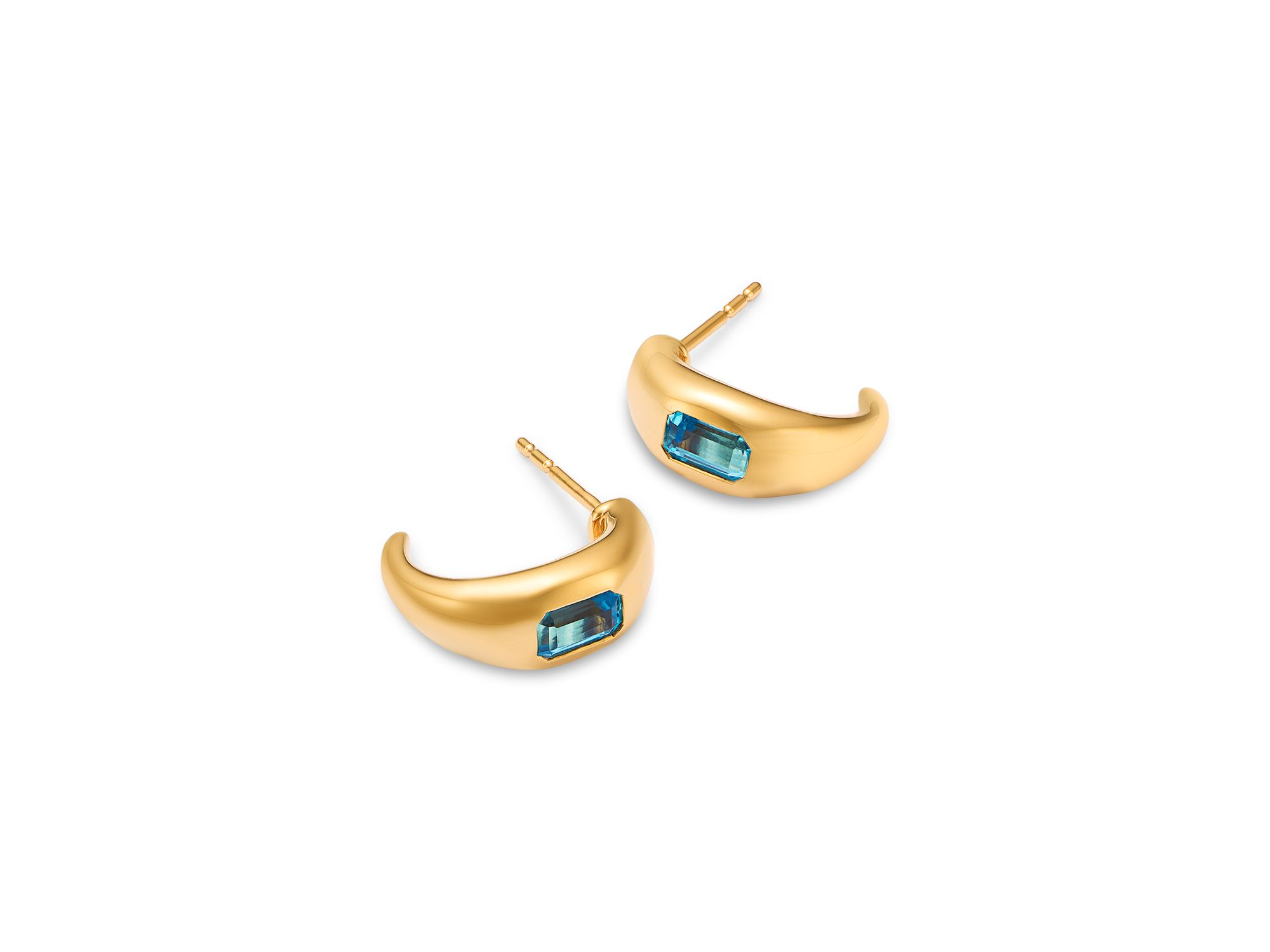 Swiss Blue Topaz Bold Gold J-Hoop Earrings in 14K Yellow Gold — Image 3