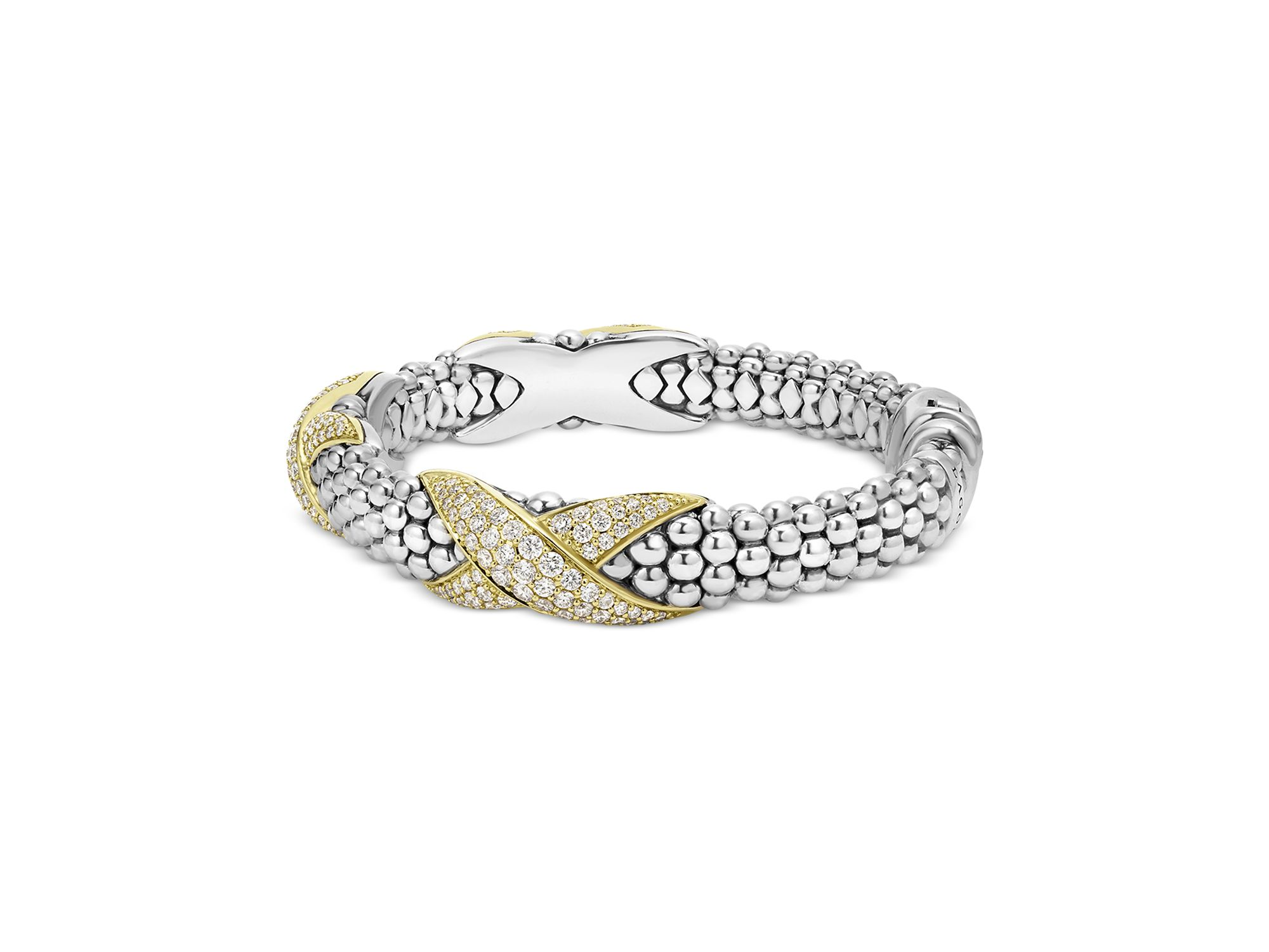 18K Yellow Gold & Sterling Silver Embrace Diamond Pavé X Station Caviar Bead Bracelet — Image 4