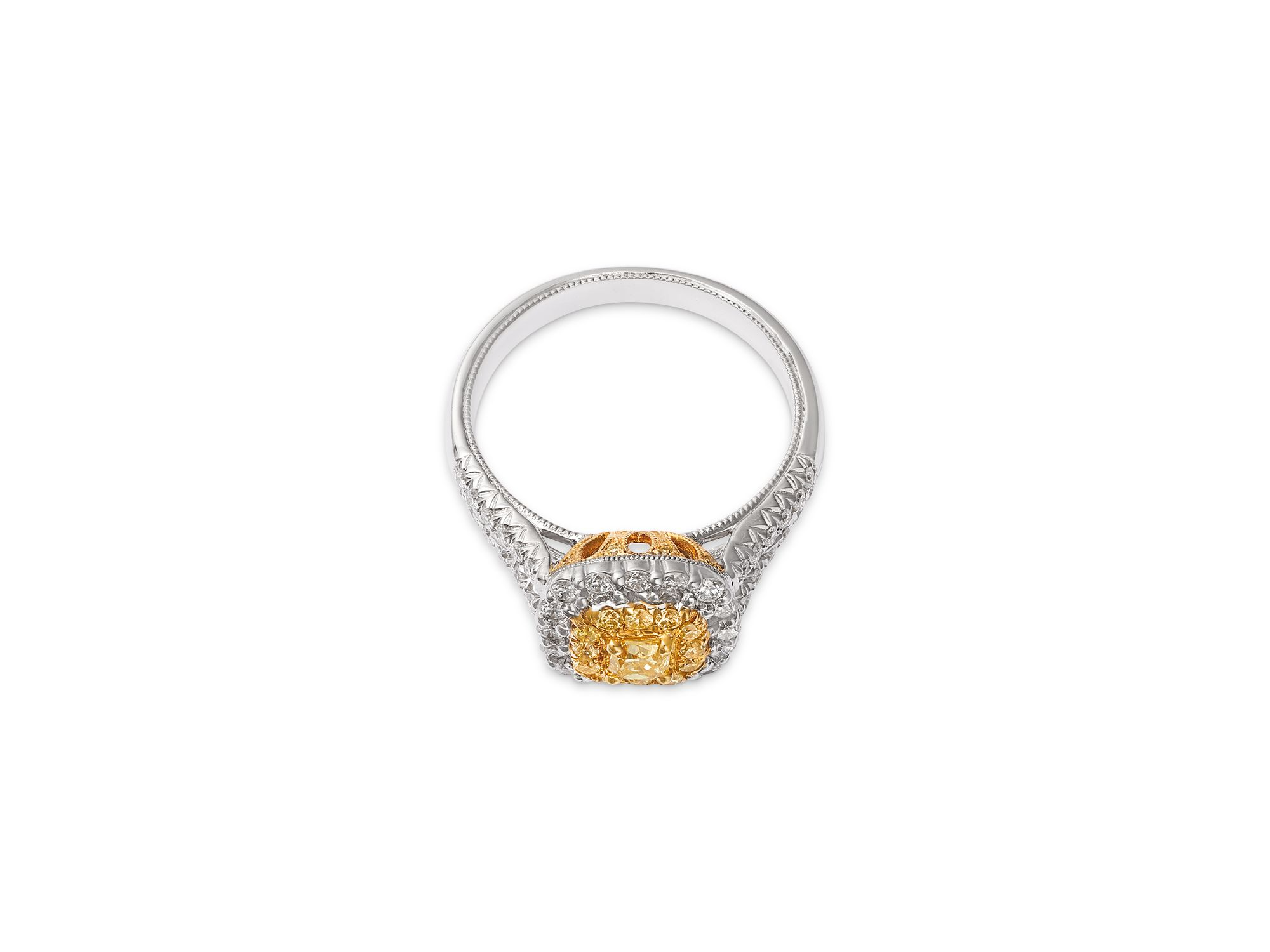 Yellow & White Diamond Cushion Halo Ring in 18K Yellow & White Gold , 0.9 tcw — Image 3