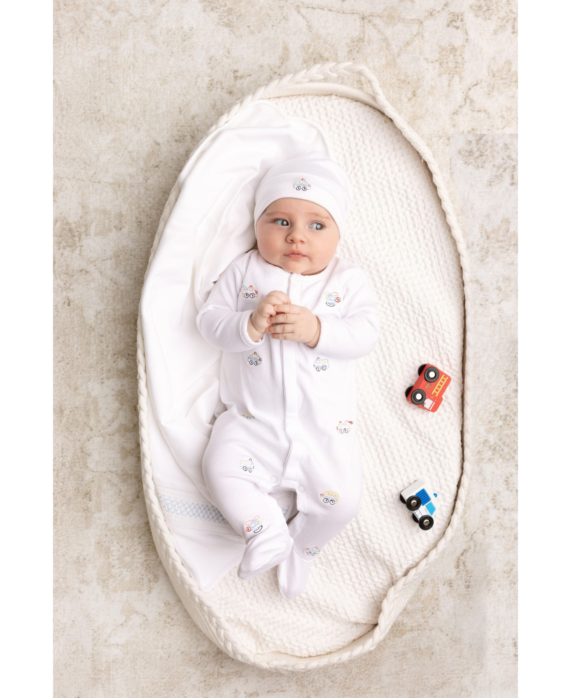 Boys' Vehicle Embroidered Cotton Romper with Hat - Baby — Image 3