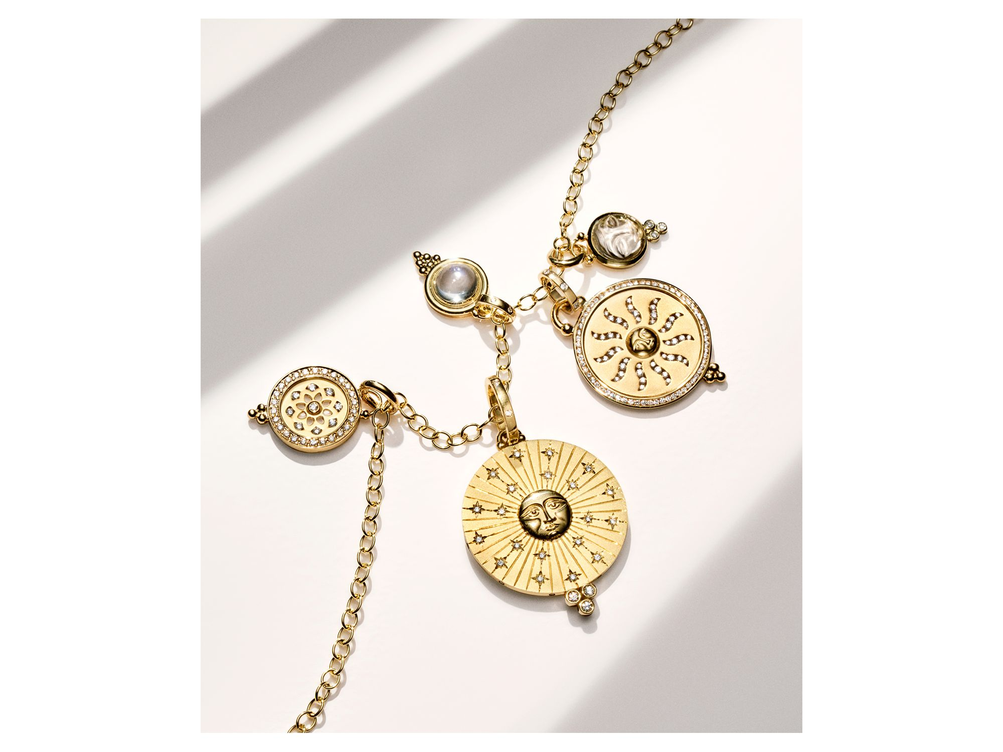 18K Yellow Gold Medium Carved Crystal Moonface Pendant with Diamonds — Image 3