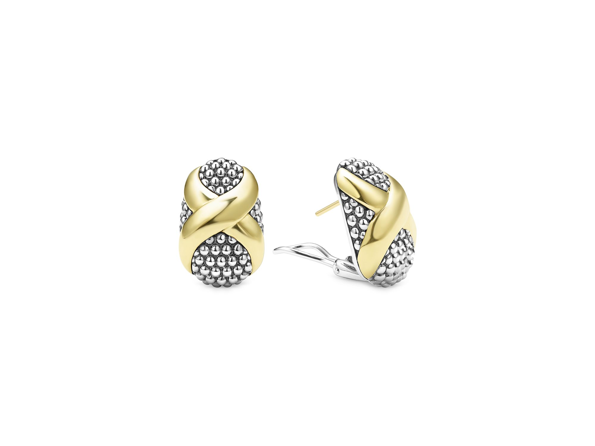 18K Yellow Gold & Sterling Silver Embrace X Oval Caviar Bead Omega Earrings — Image 4