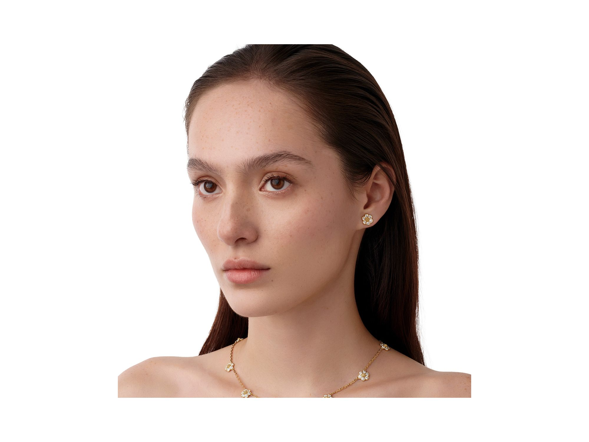 18K Yellow Gold FJ Diamond Fiori Flower Stud Earrings — Image 3