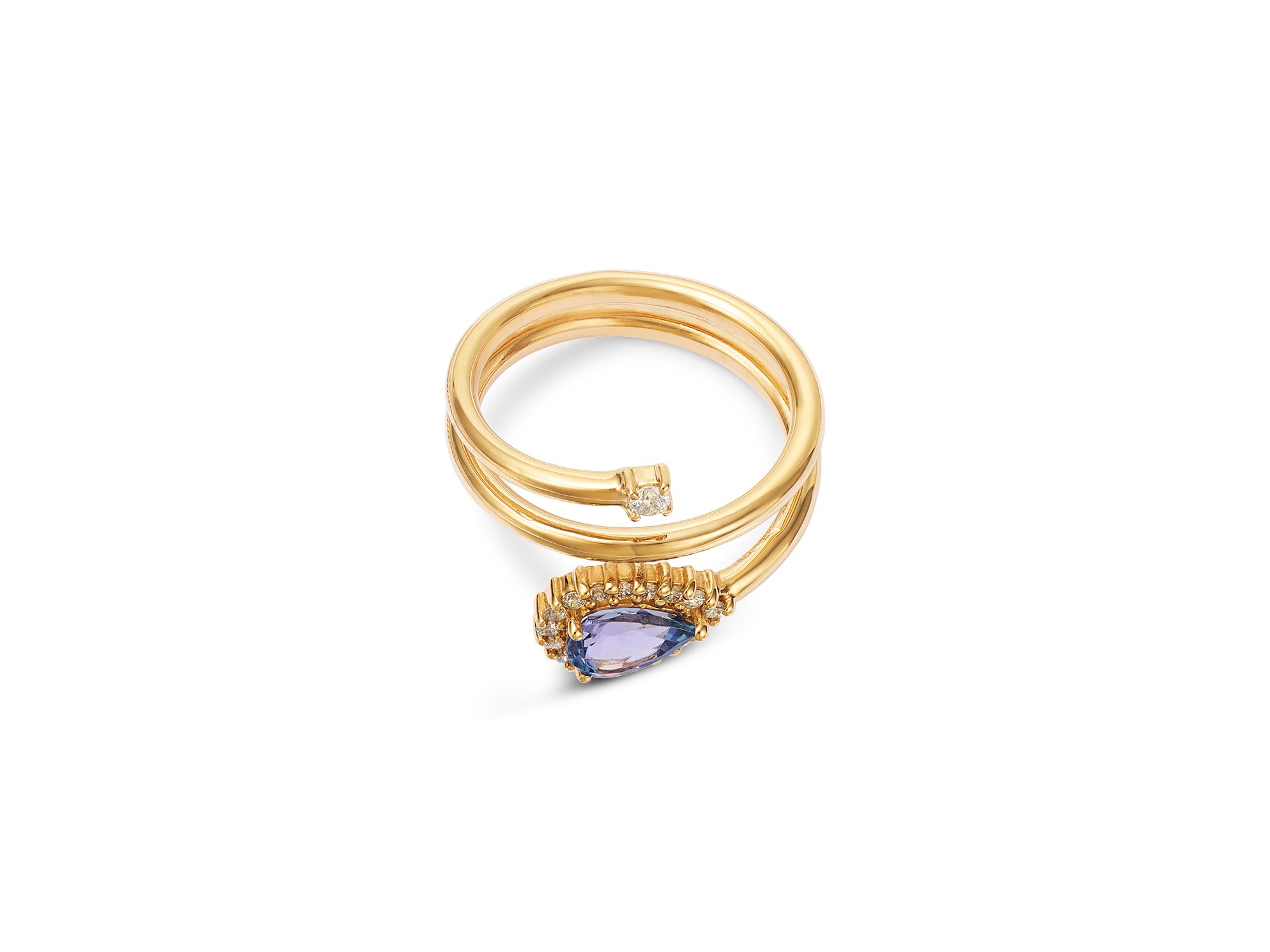 Tanzanite & Diamond Halo Bypass Ring in 14K Yellow Gold — Image 3