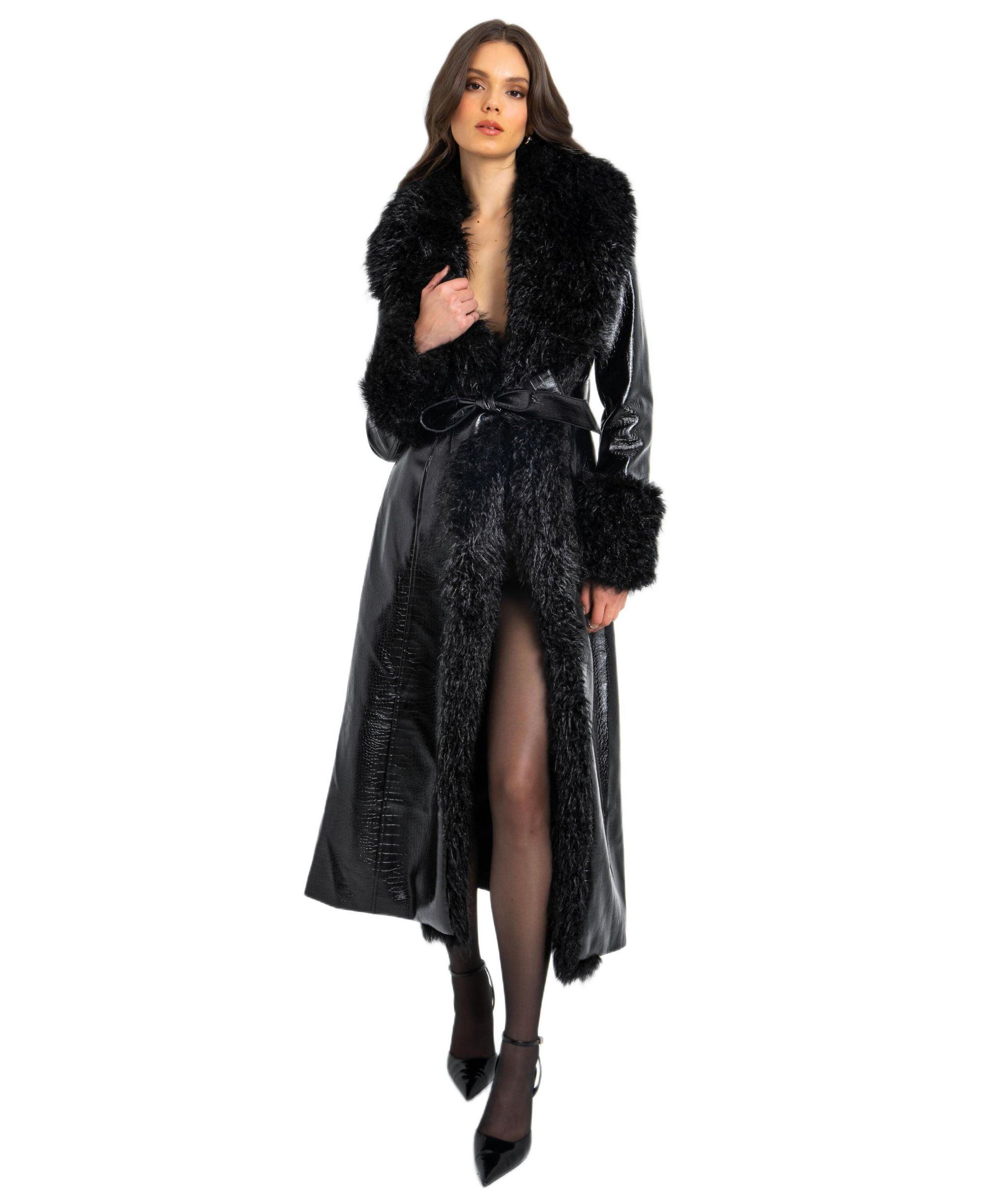 Zella Faux Fur Trim Faux Croc Leather Coat — Image 7