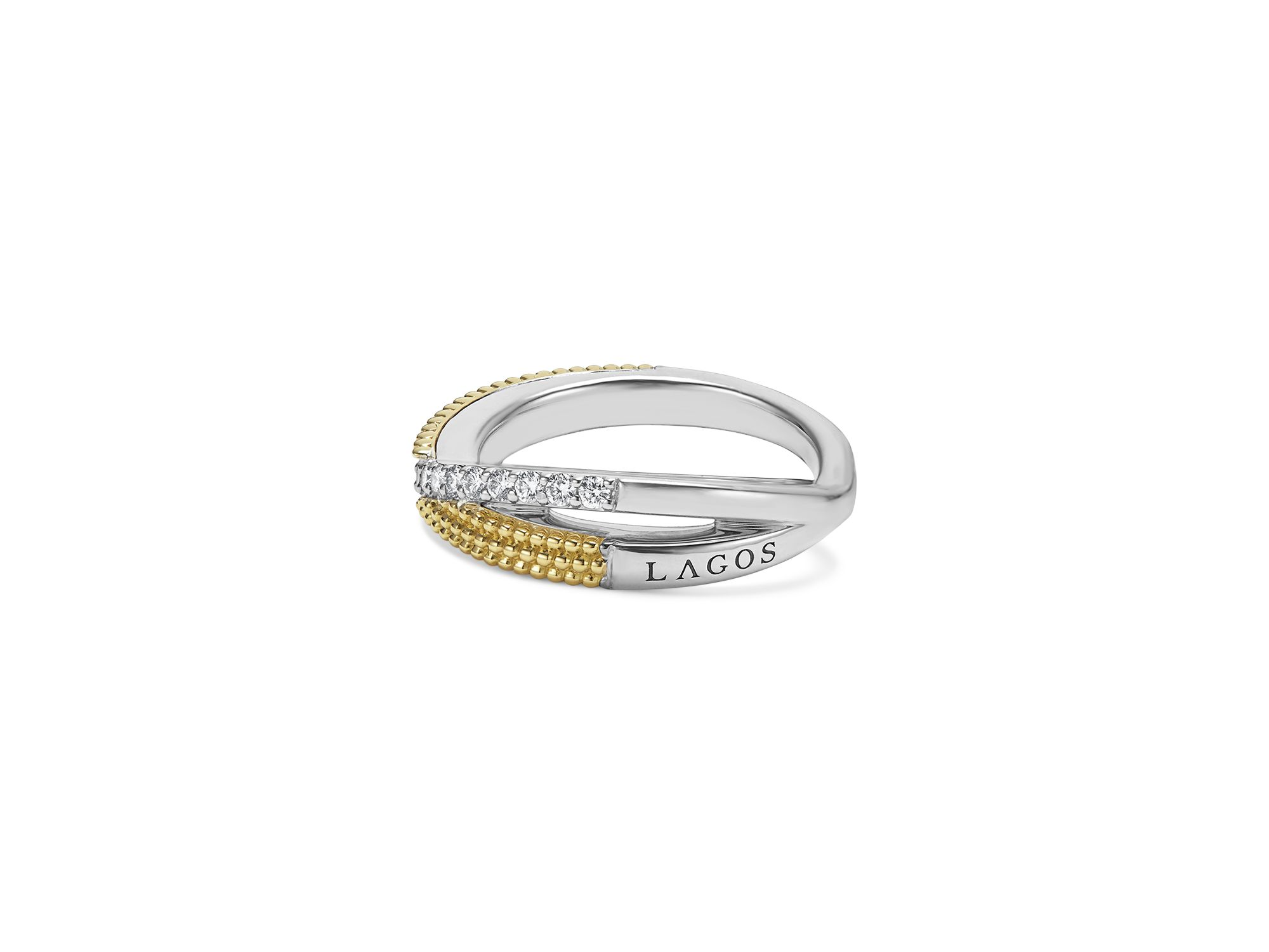 18K Yellow Gold & Sterling Silver Caviar Diamond & Bead Crossover Ring — Image 4