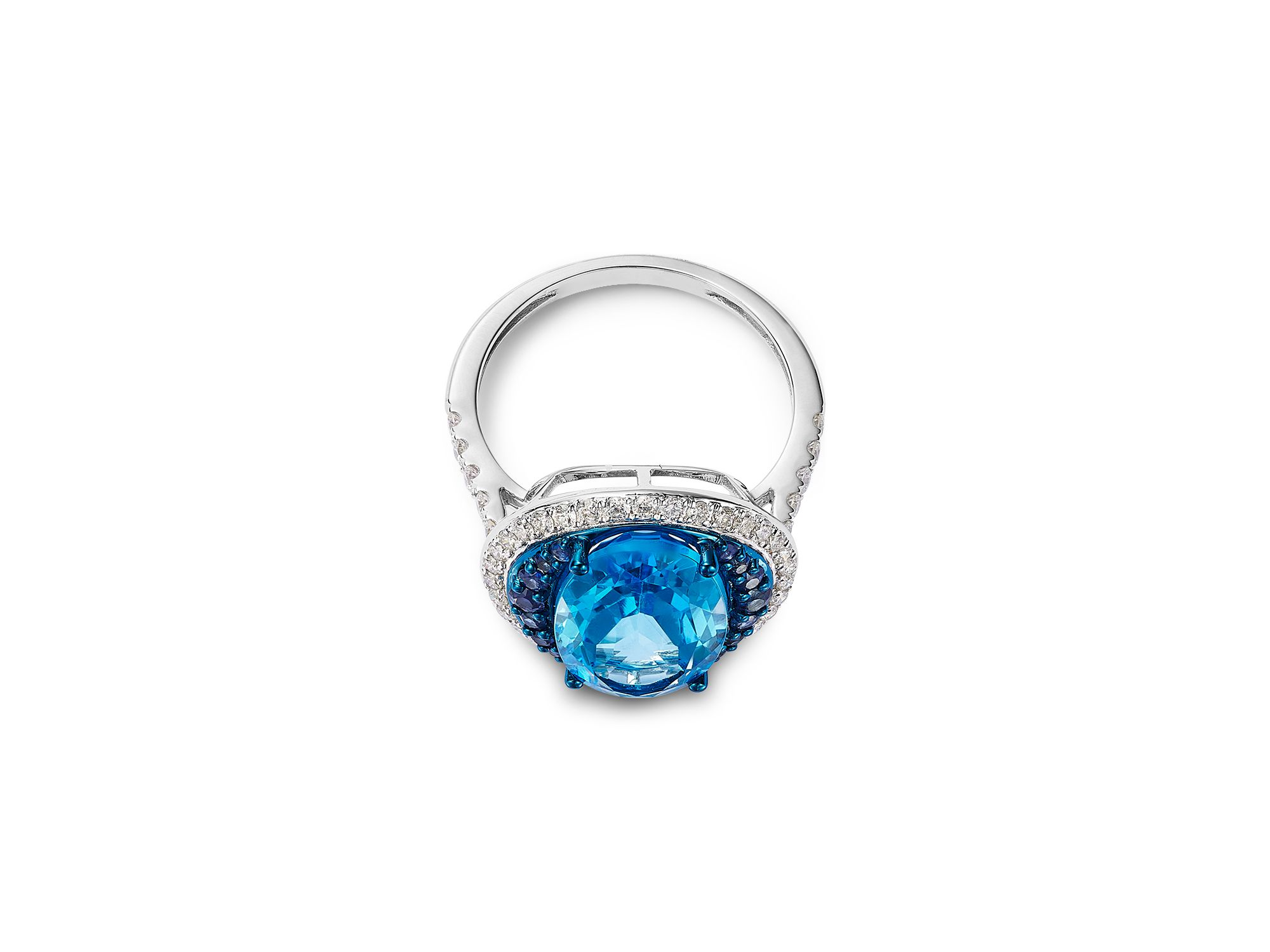 Swiss Blue Topaz, Blue Sapphire & Diamond Halo Ring in 14K White Gold — Image 3