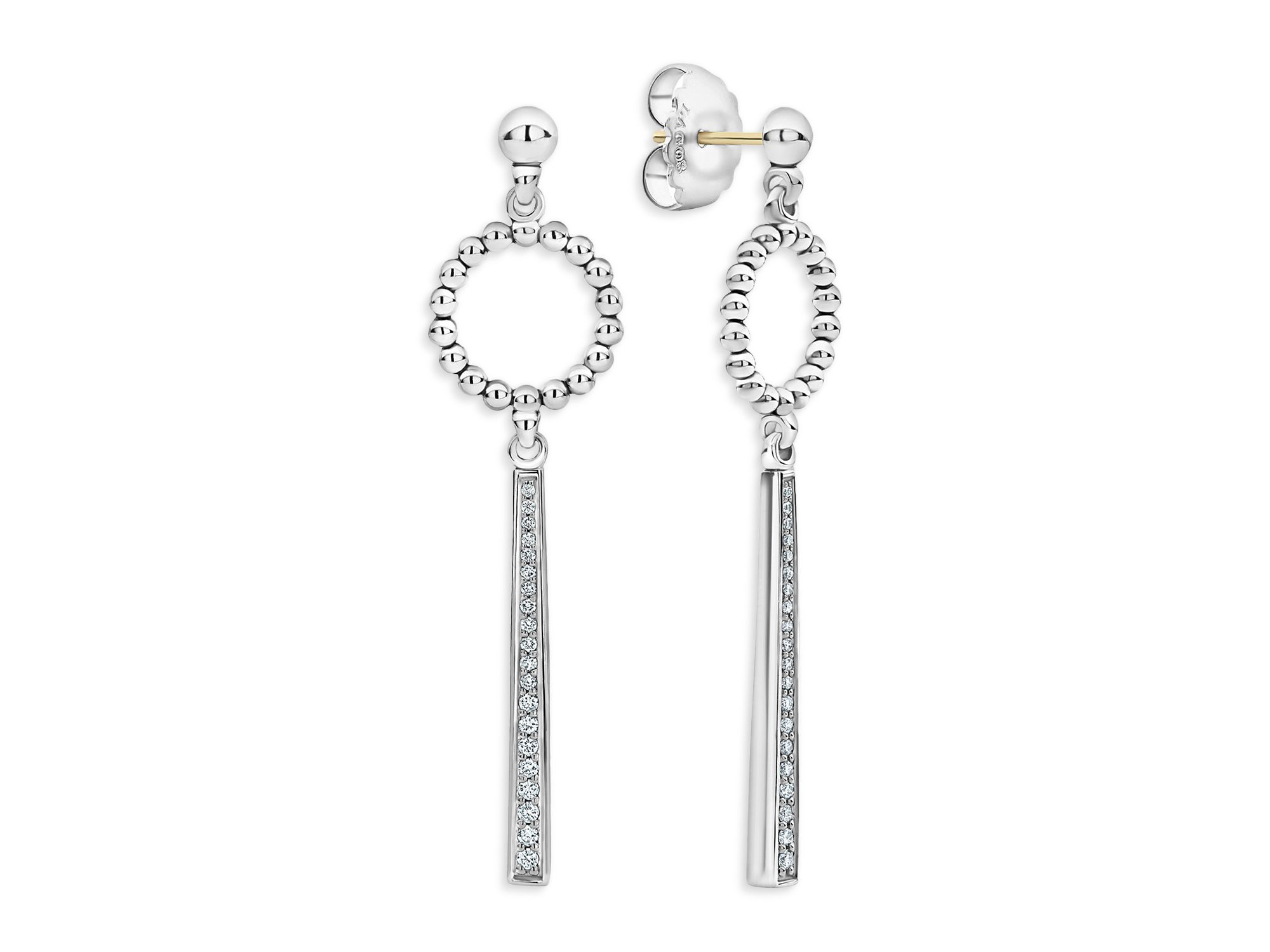 Sterling Caviar Spark Diamond & Bead Circle Linear Drop Earrings — Image 3