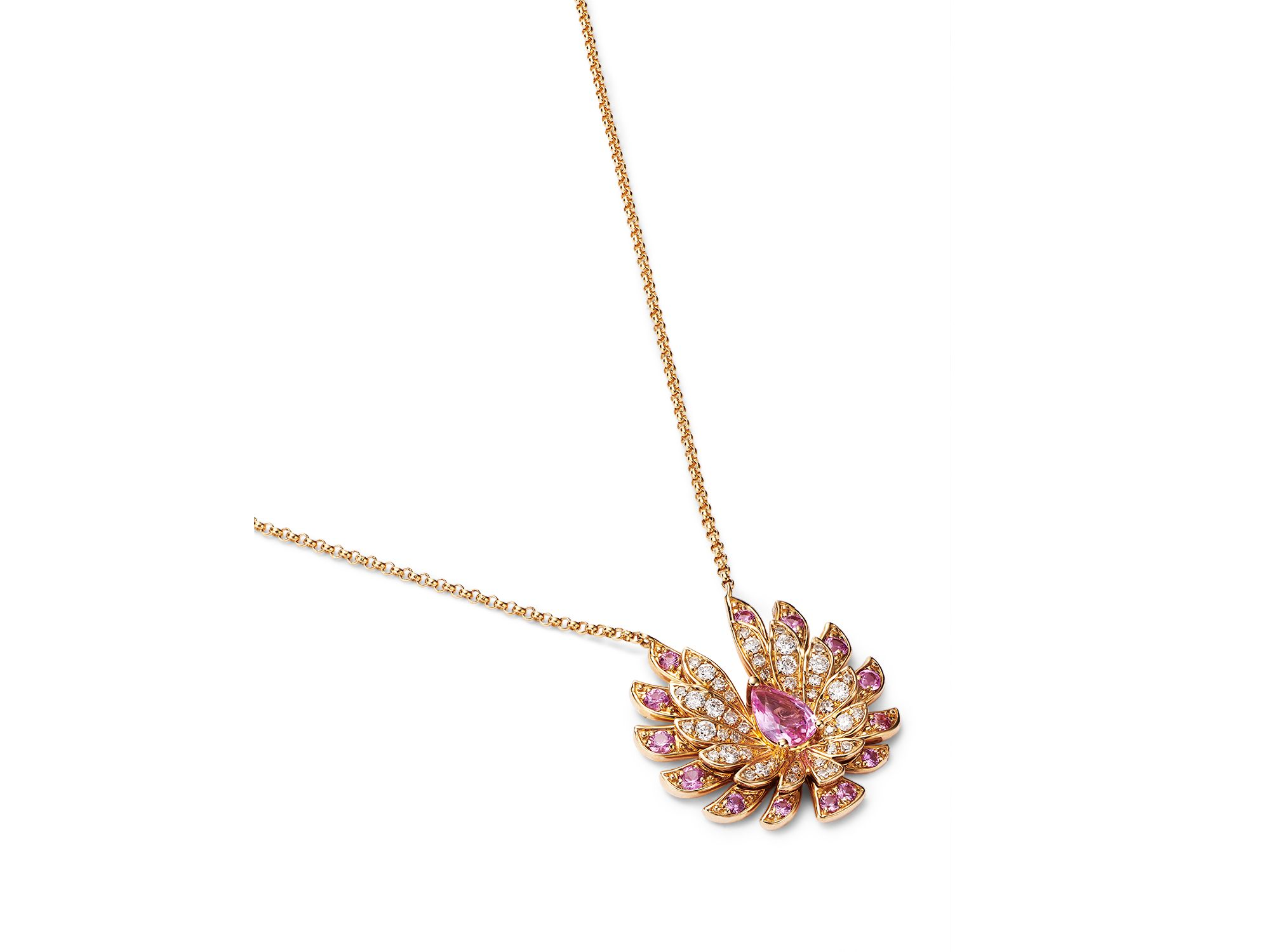 Pink Sapphire & Diamond Flying Bird Pendant Necklace in 14K Yellow Gold, 16-18" — Image 3