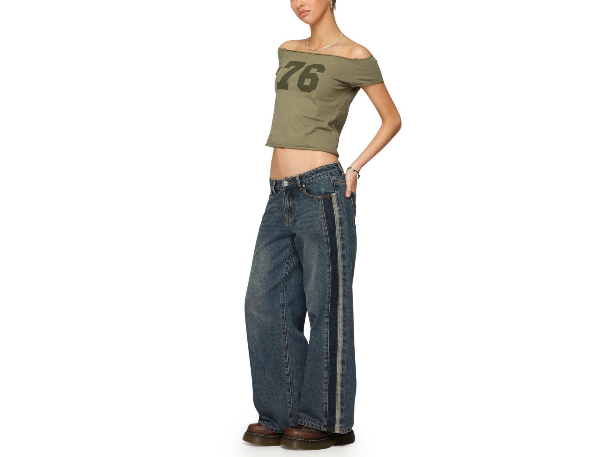 Petite Contrast Panel Low Rise Dark Rinse Wash Jeans — Image 3