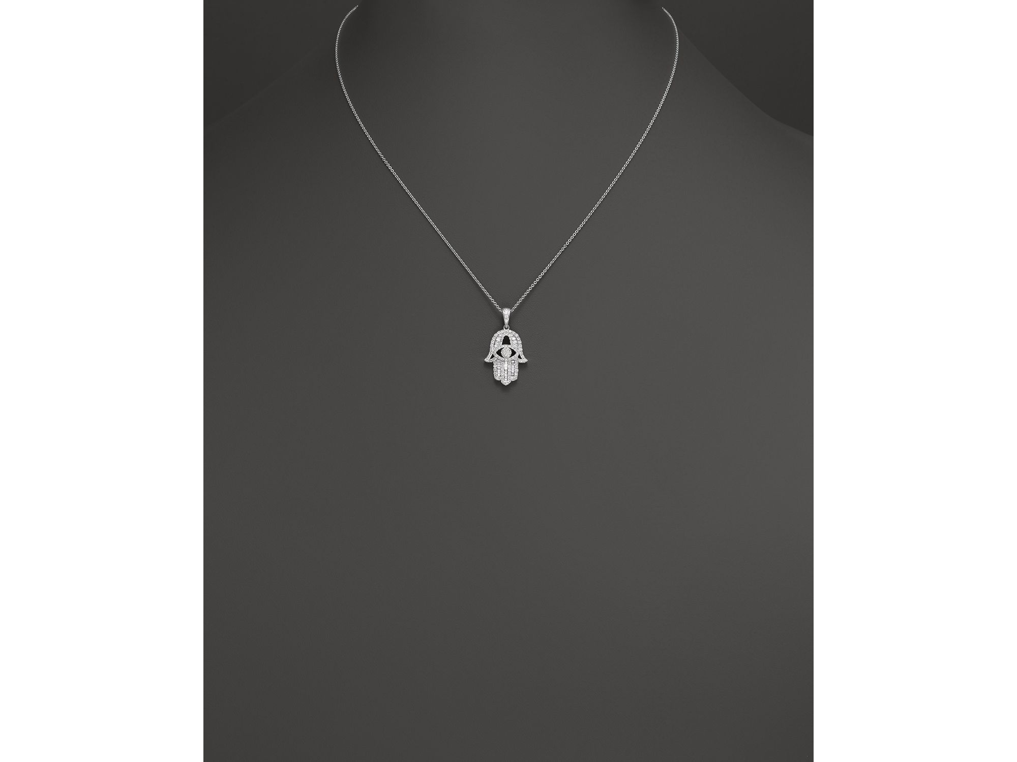 Diamond and Baguette Hamsa Pendant Necklace in 14K White Gold, 0.55 tcw — Image 4