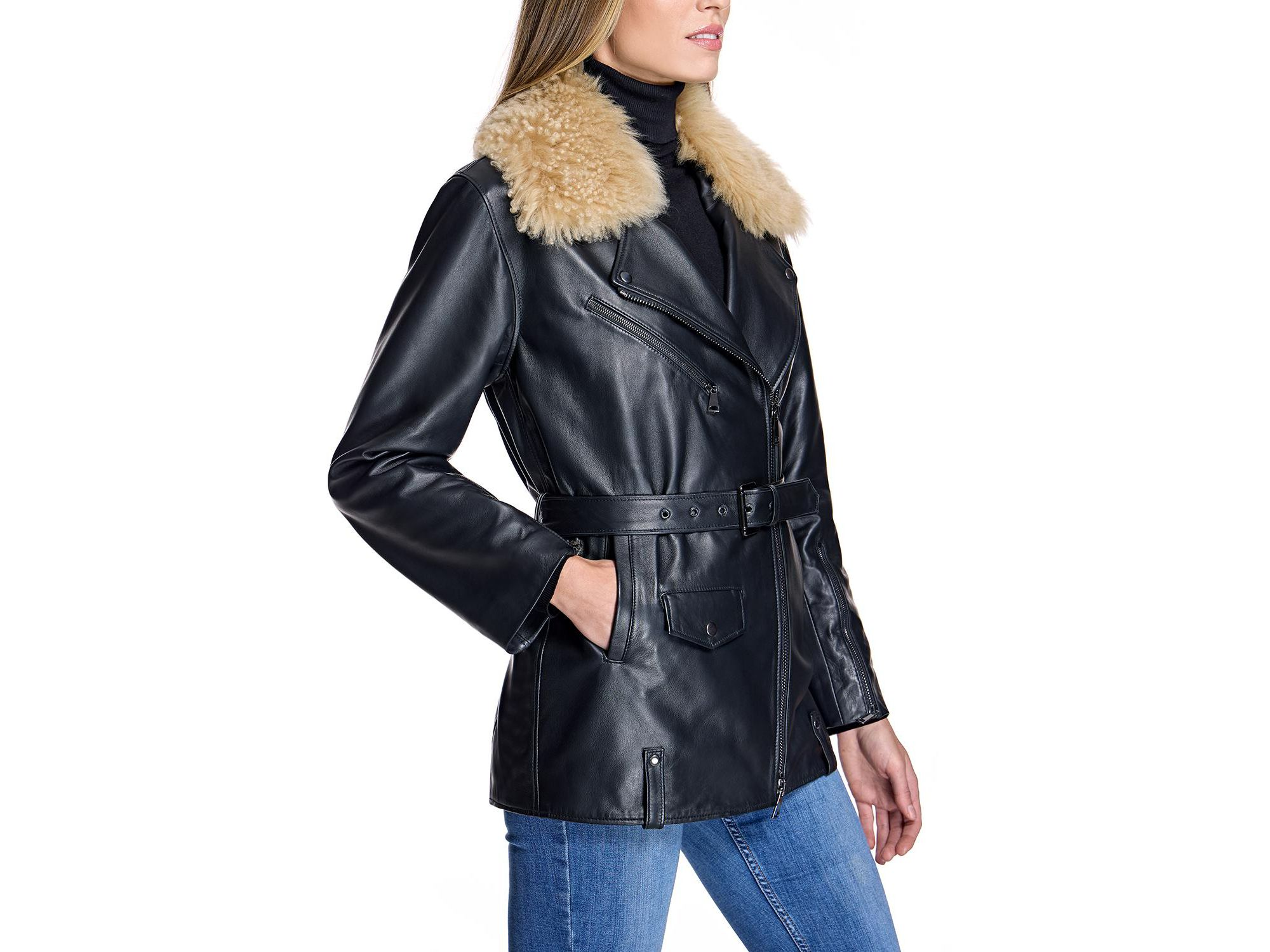 Leather Moto Jacket with Detachable Shearling Collar — Image 3