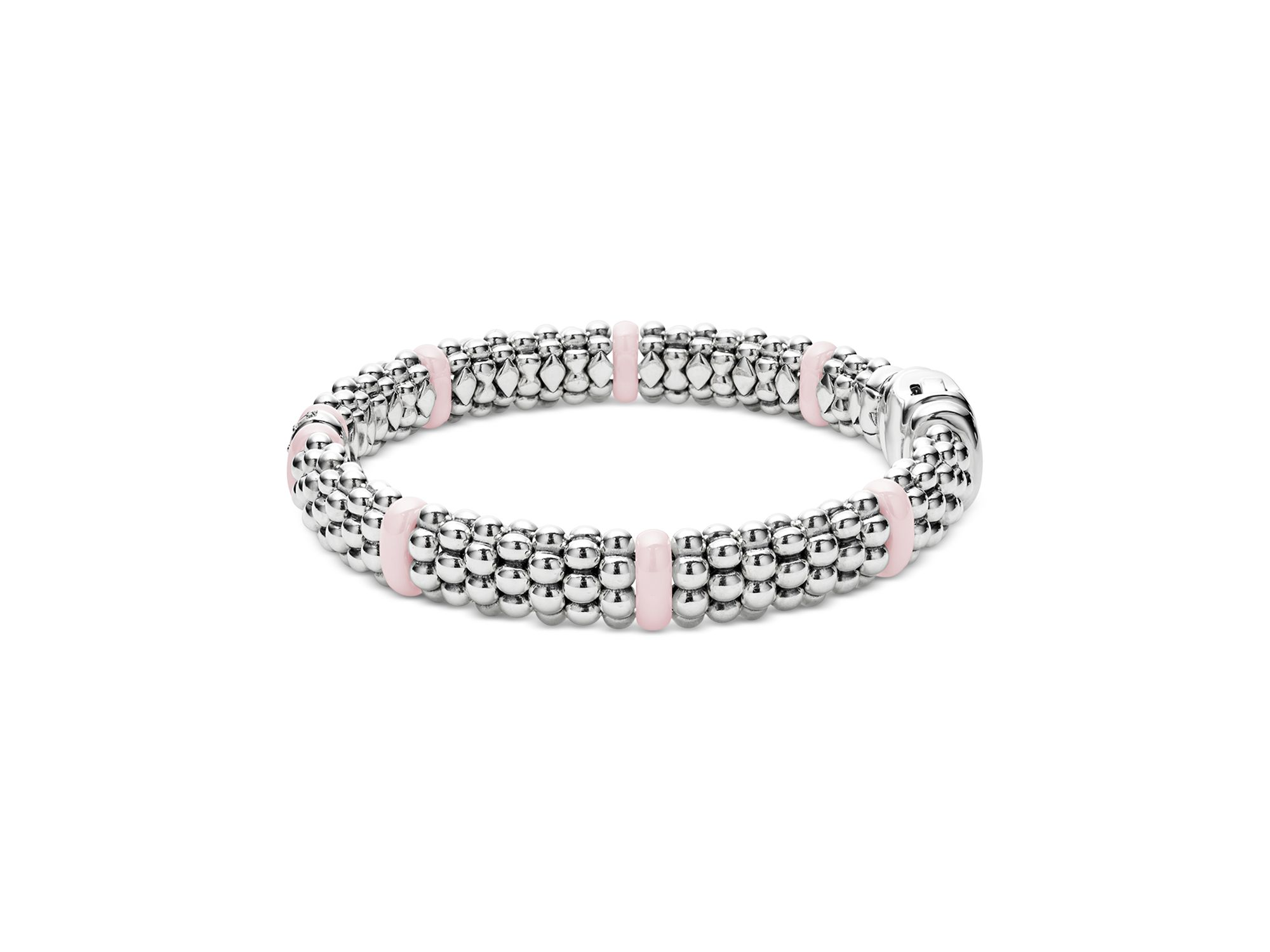 Sterling Silver Pink Caviar Diamond & Pink Ceramic Bead Link Bracelet — Image 4