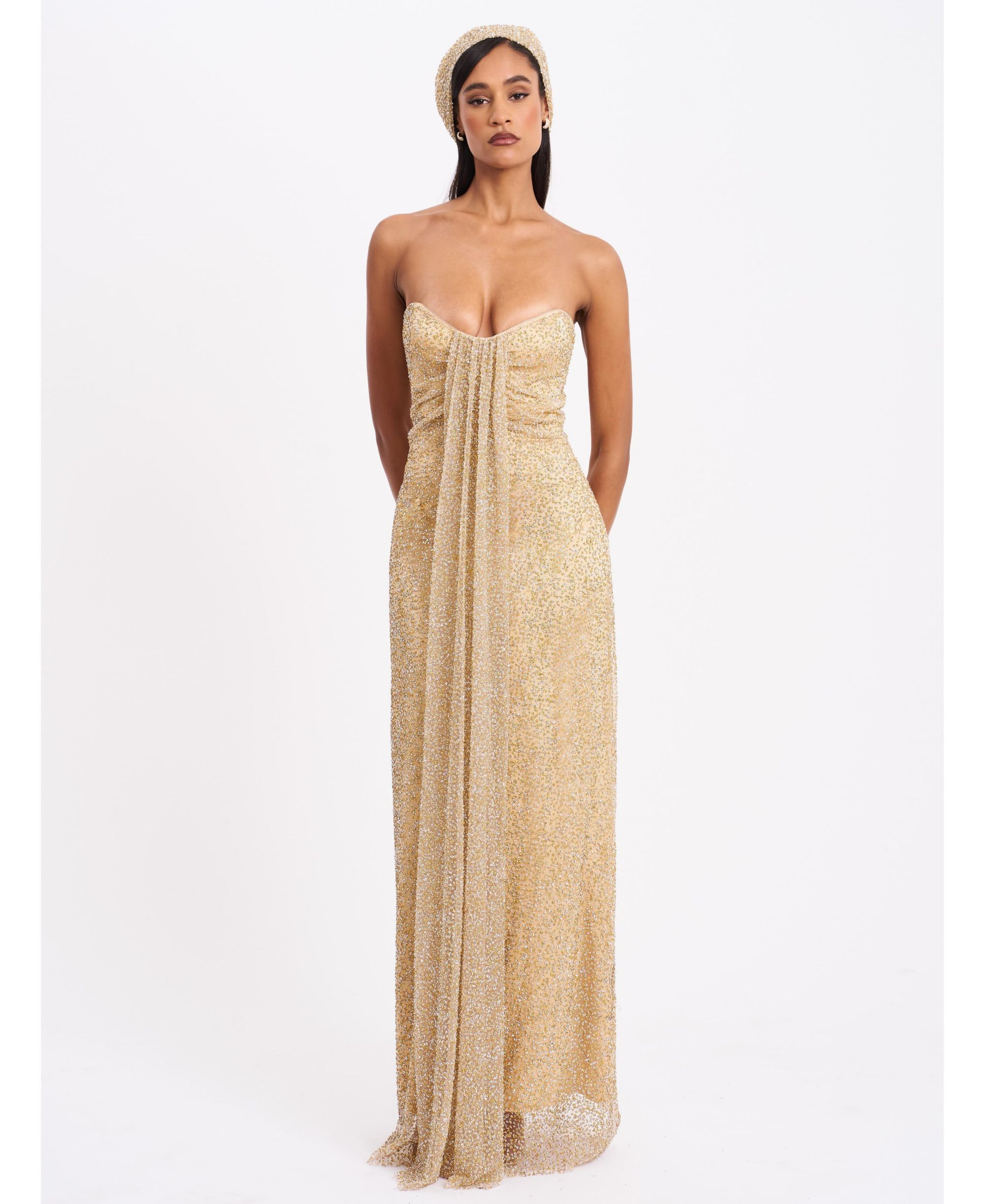 Ada Rhinestone Embellished Strapless Gown with Head Scarf — Image 5