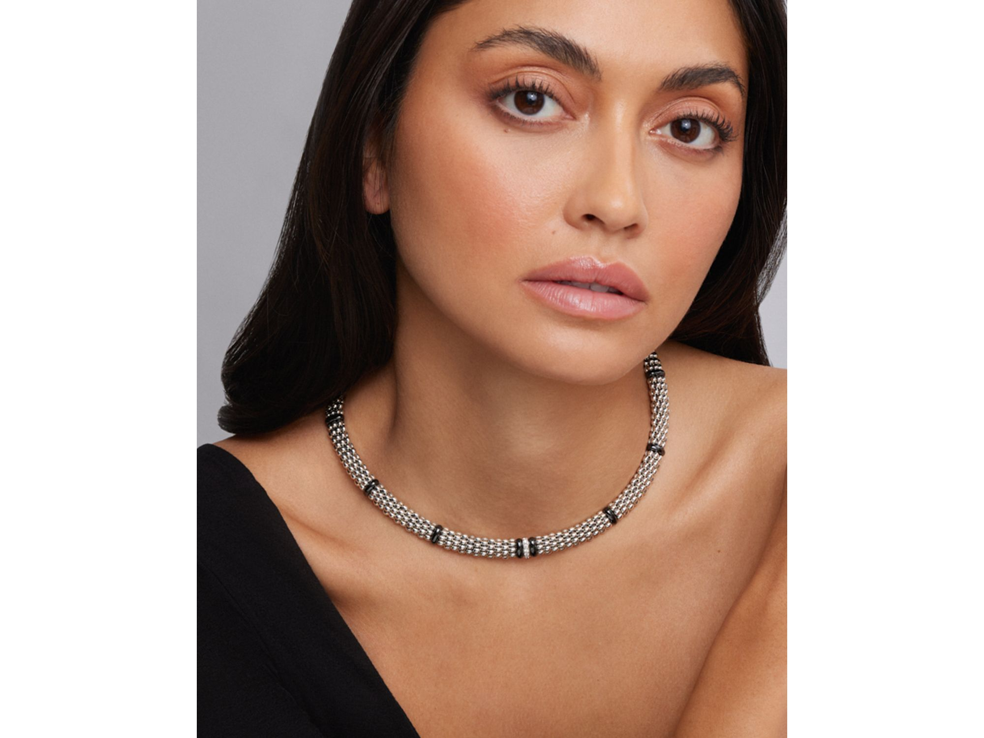 Sterling Silver Black Caviar Diamond & Ceramic Station Necklace, 16" — Image 3