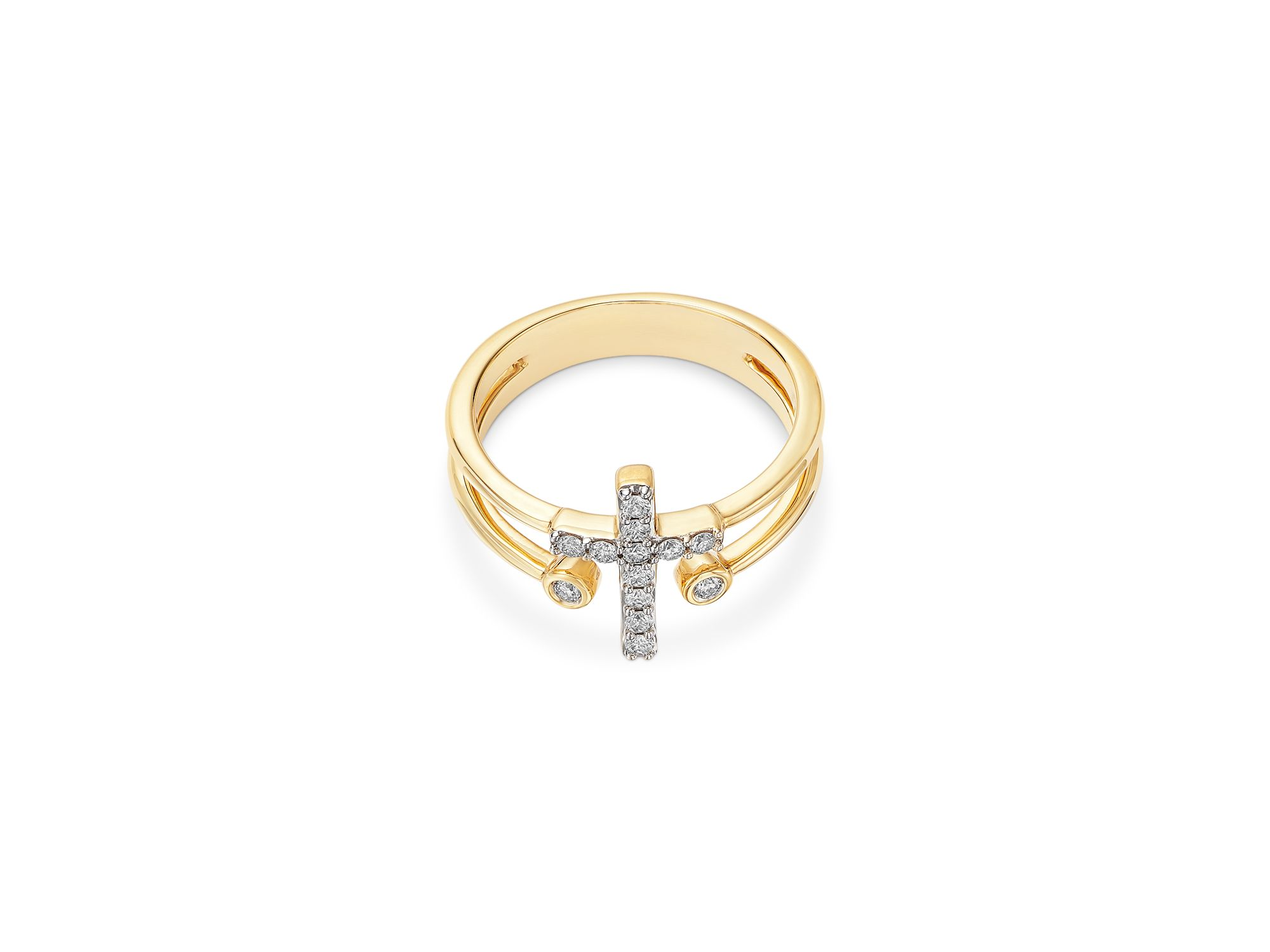 Diamond Cross & Bezel Double Row Ring in 14K Yellow Gold, 0.20 tcw — Image 3