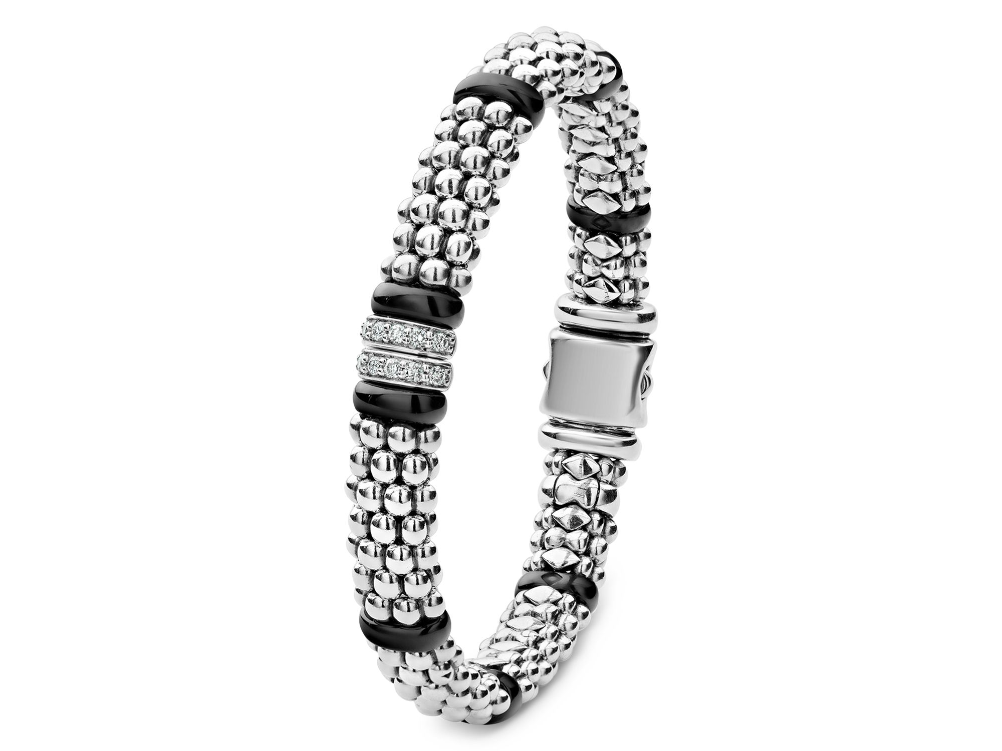 Sterling Silver & Ceramic Caviar Beaded Diamond Station Bracelet — Image 3