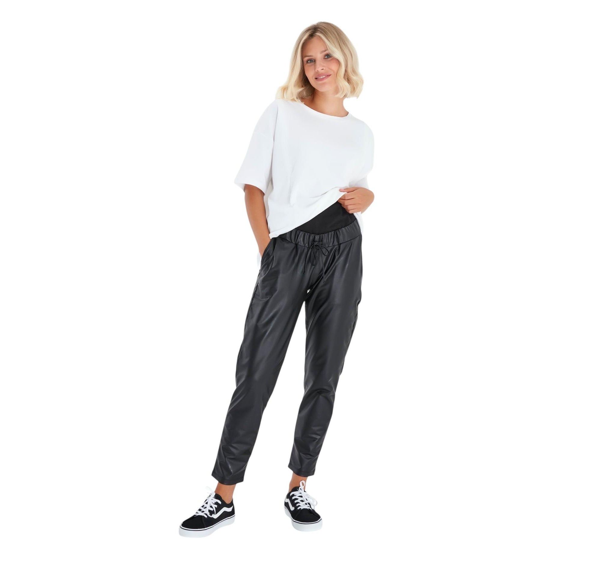 Comfy Cool Foldover Waistband Faux Leather Maternity Jogger Pants — Image 7