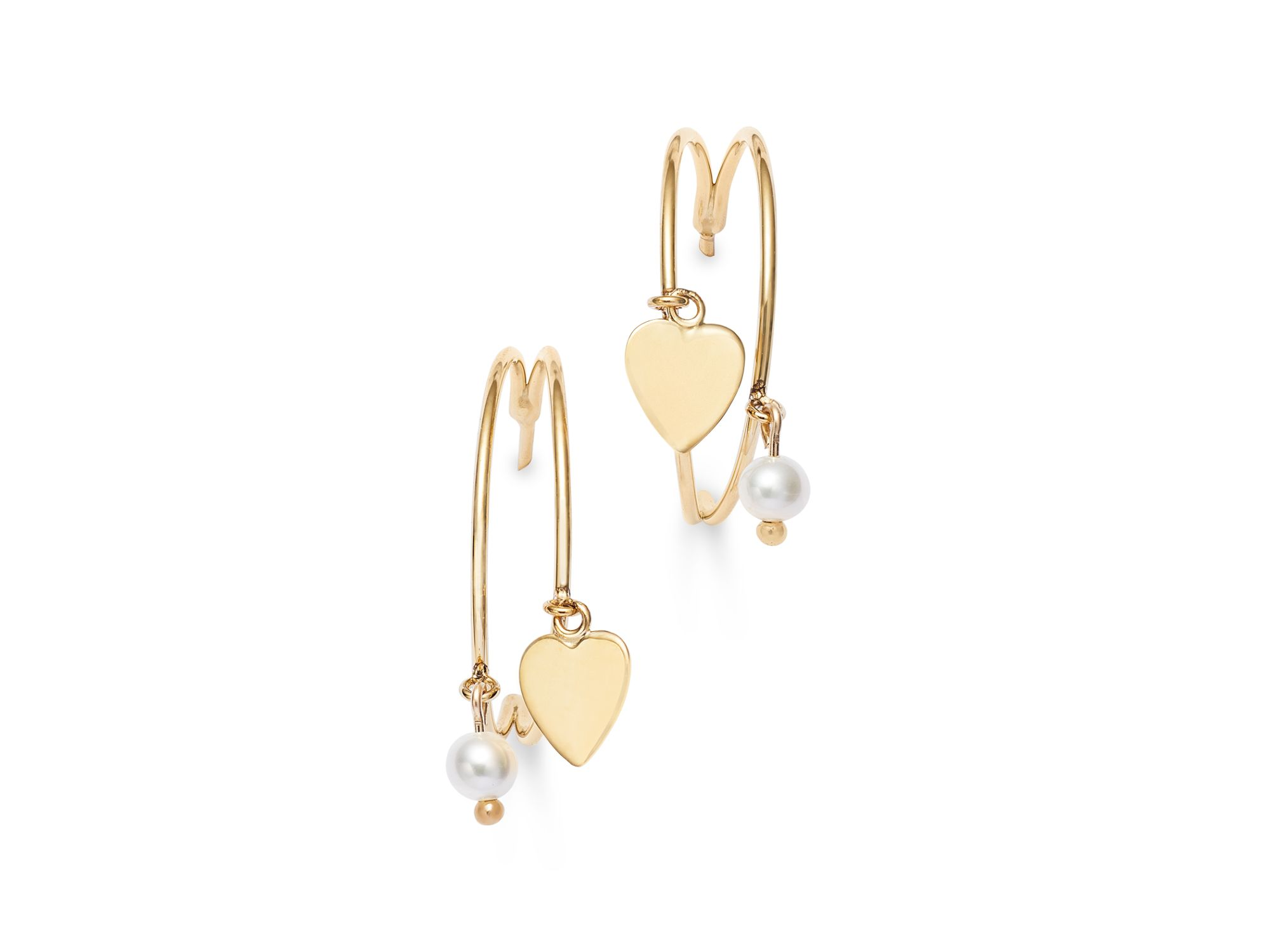 14K Yellow Gold Freshwater Pearl & Polished Heart Dangle Hoop Earrings — Image 4