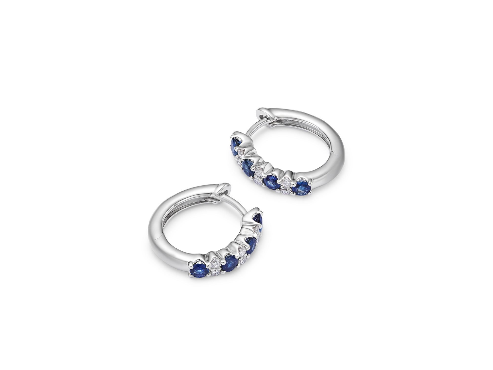 Blue Sapphire & Diamond Huggie Hoop Earrings in 14K White Gold — Image 4