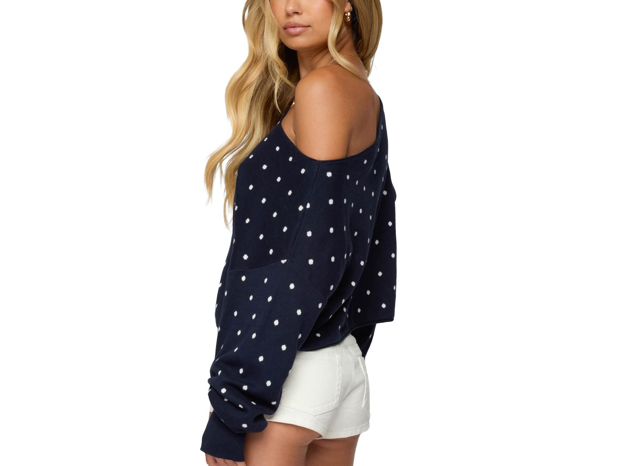 Oversized Off Shoulder Polka Dot Sweater — Image 3