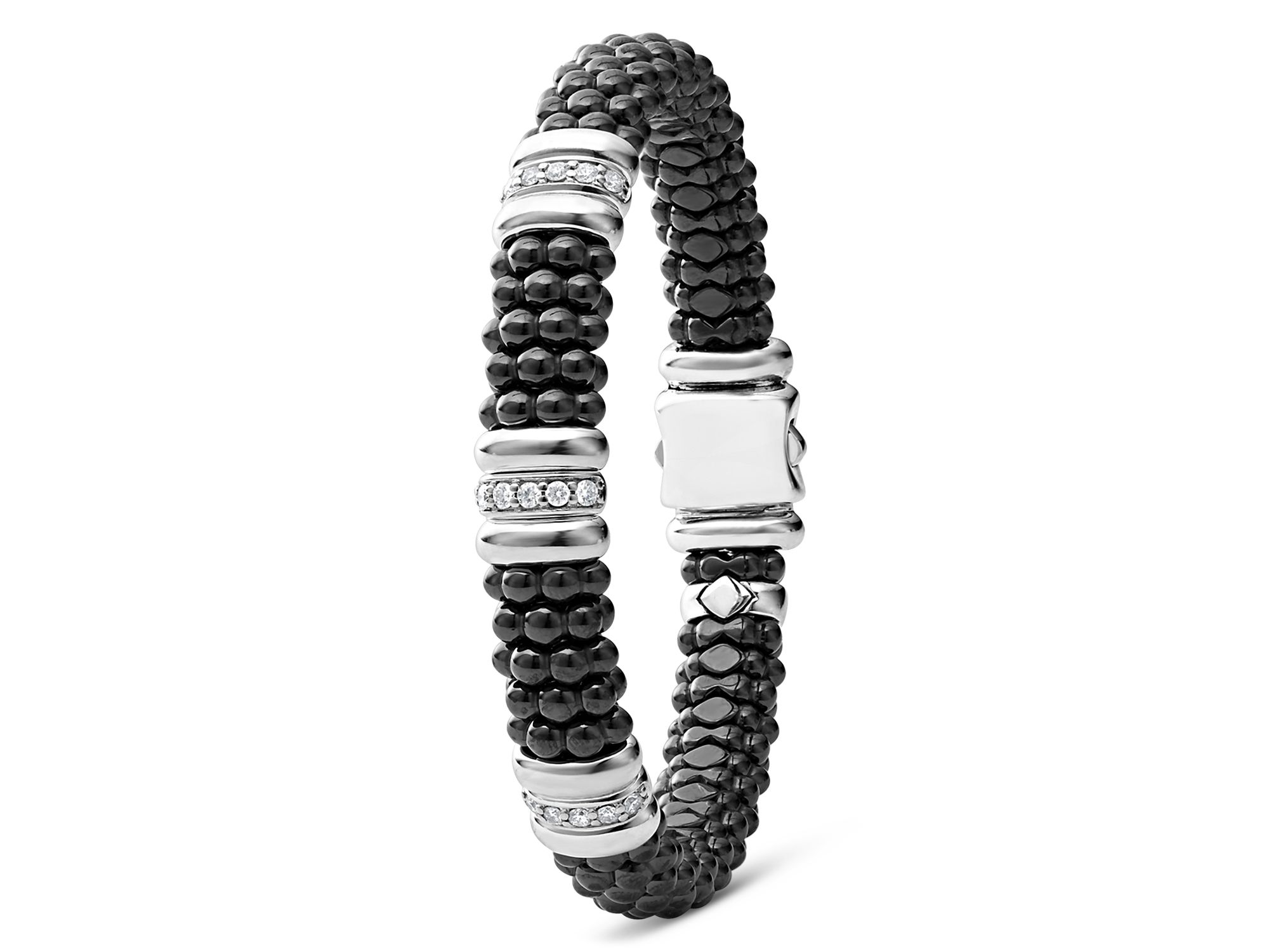 Sterling Silver Black Caviar Black Ceramic & Diamond Rondelle Beaded Bracelet — Image 3