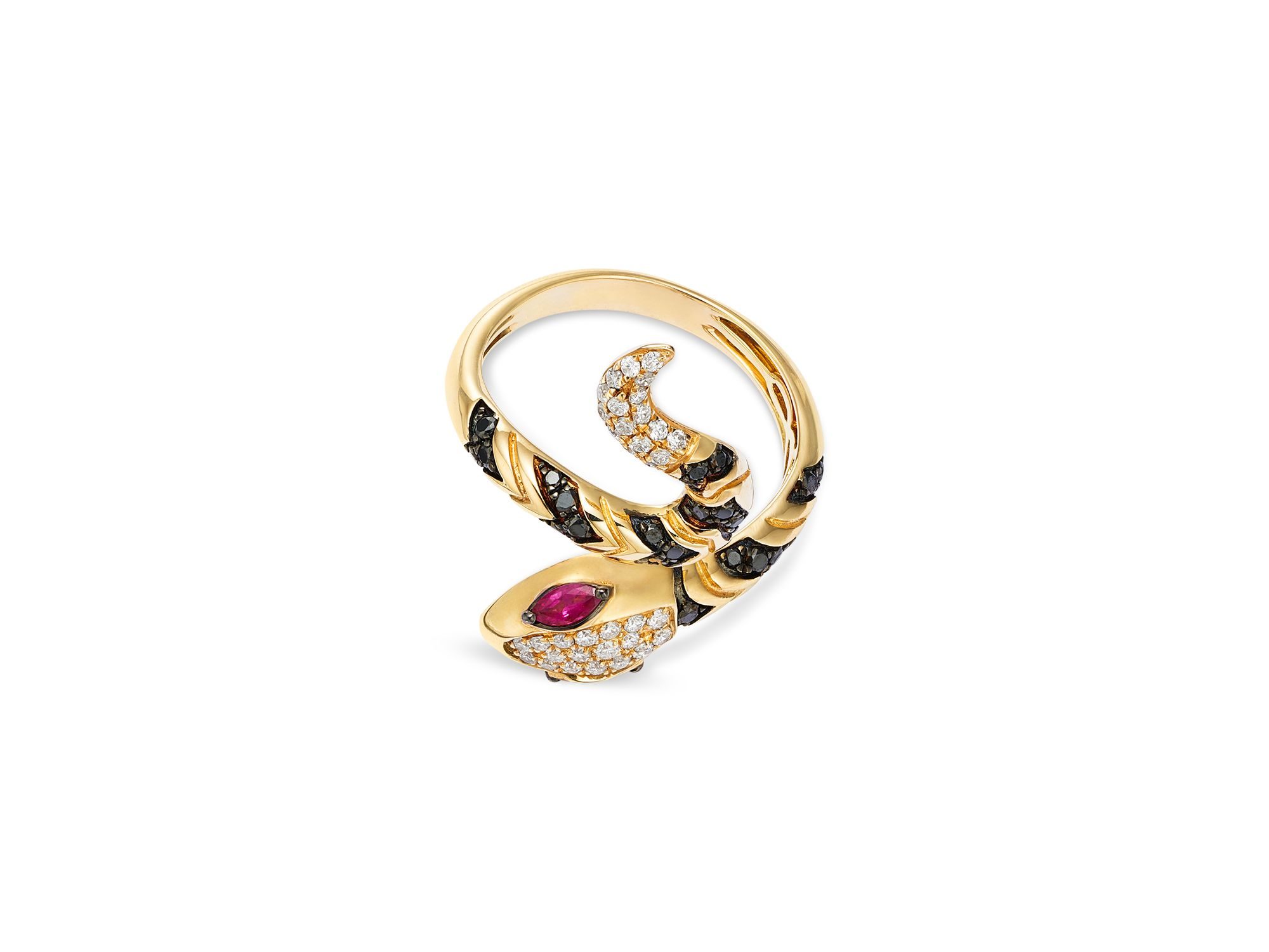 Ruby & Black & White Diamond Snake Bypass Ring in 14K Yellow Gold — Image 3