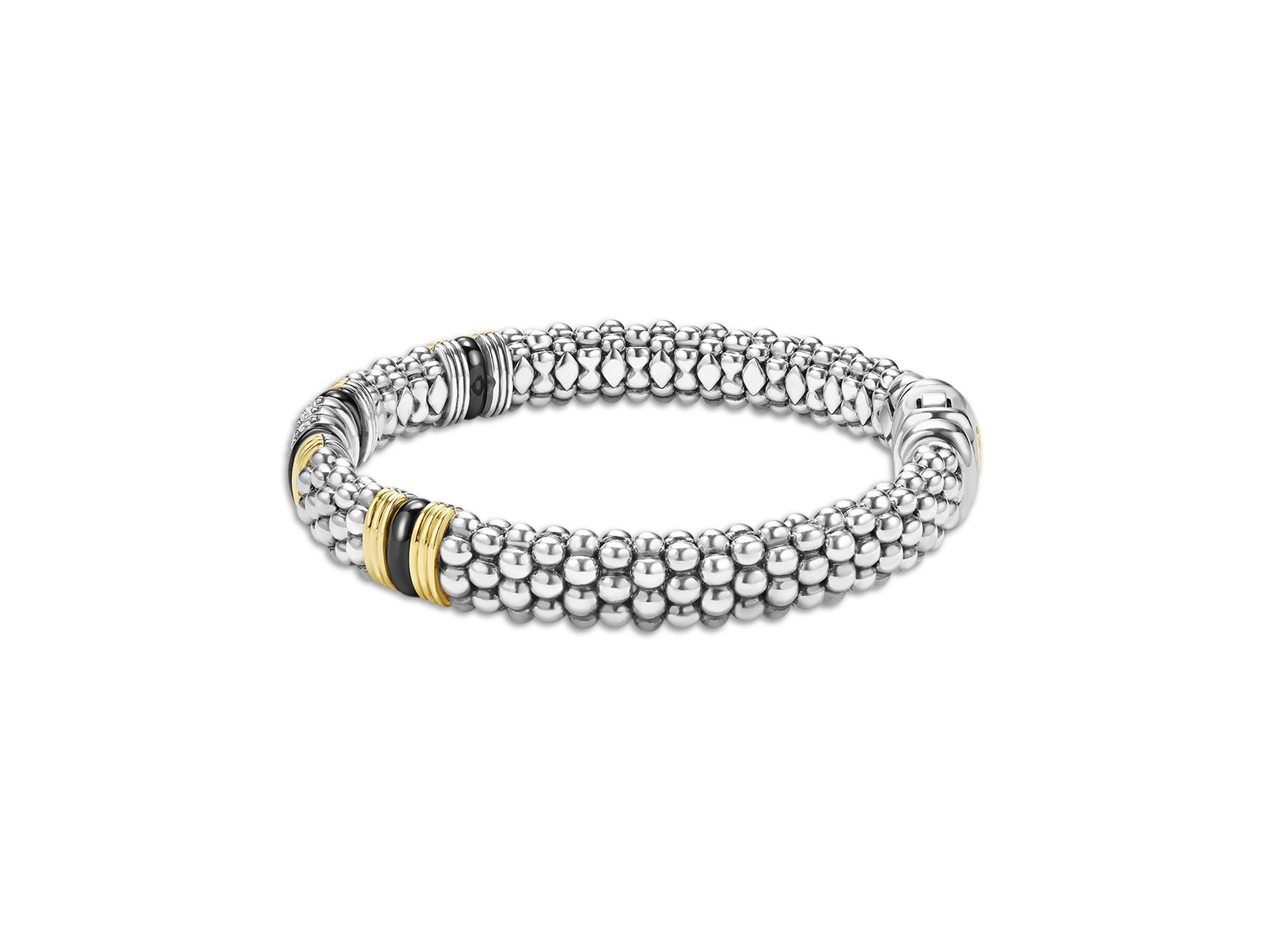 18K Yellow Gold & Sterling Black Caviar Diamond & Black Ceramic Station Bracelet — Image 4