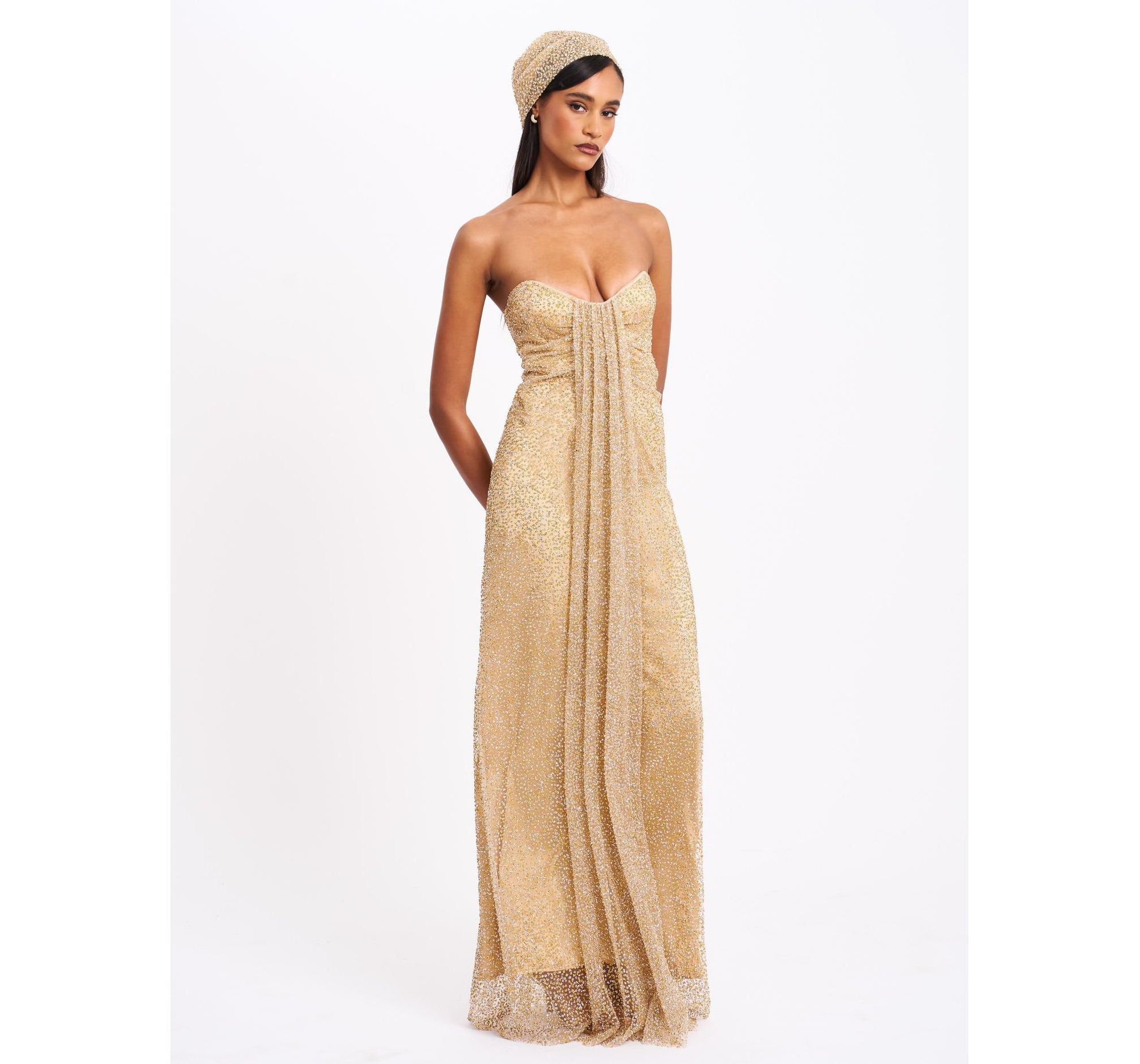 Ada Rhinestone Embellished Strapless Gown with Head Scarf — Image 6