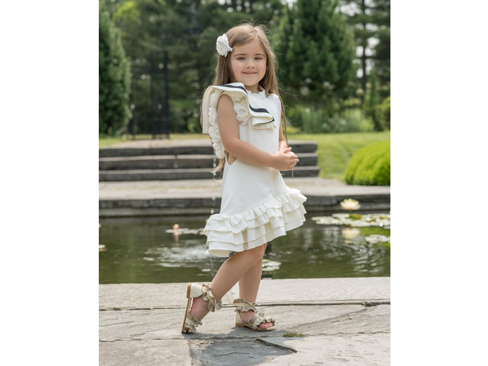 Girls' Alex White Ruffle Dress with Black Contrast Line - Baby, Little Kid, Big Kid — Image 3