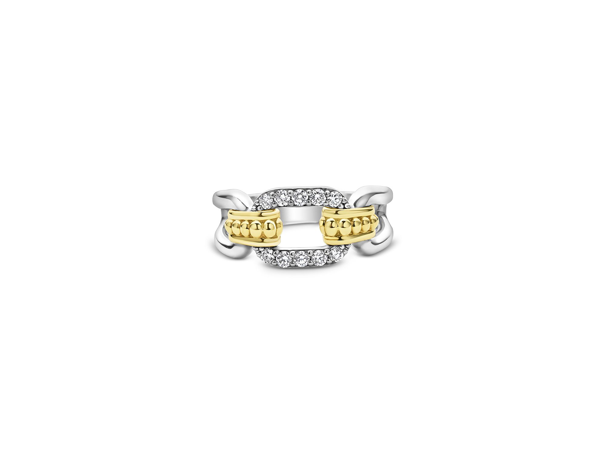 18K Yellow Gold & Sterling Silver Signature Caviar Diamond Link Statement Ring — Image 3