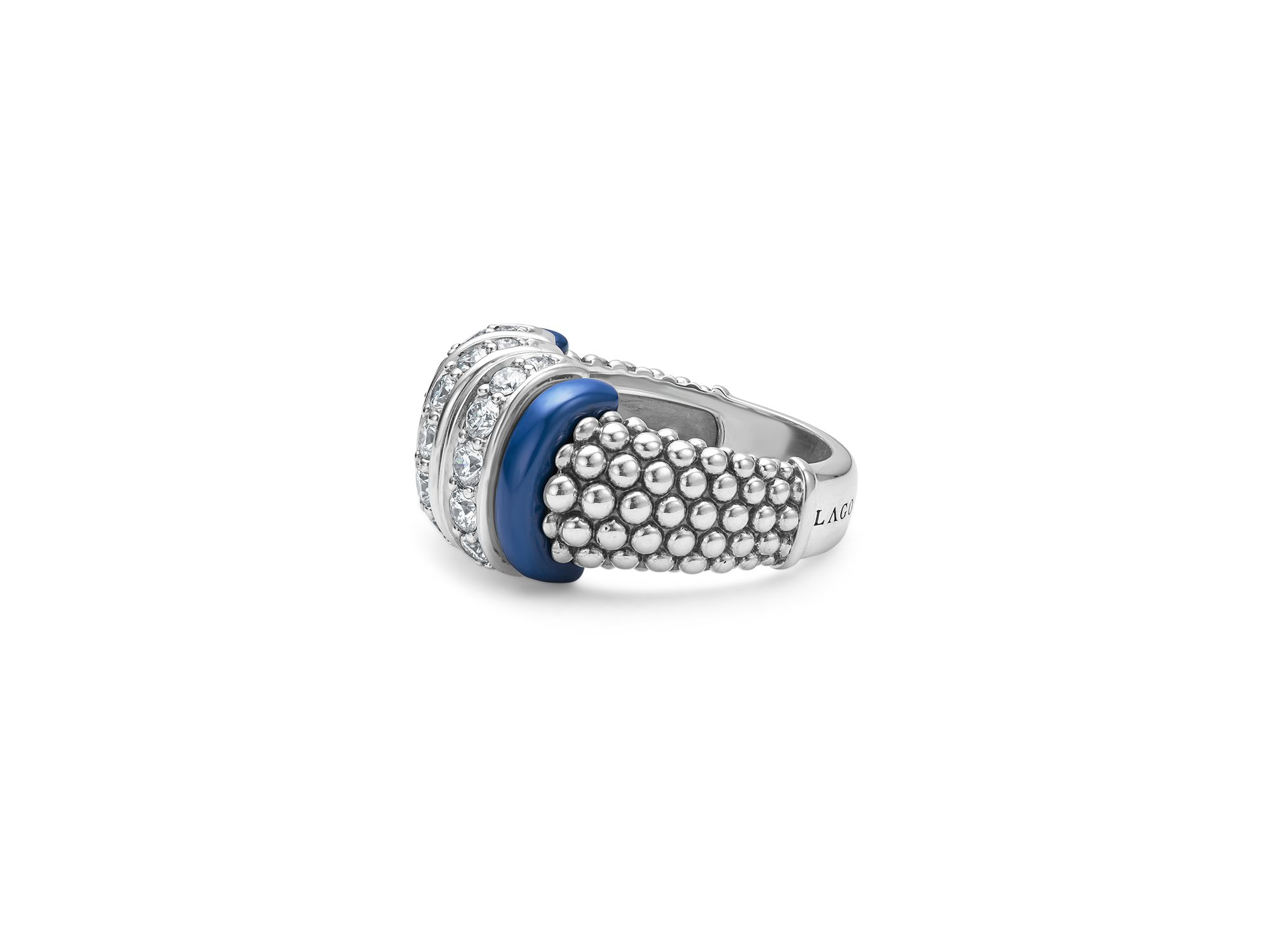 Sterling Silver Diamond & Ceramic Blue Caviar Ring — Image 5