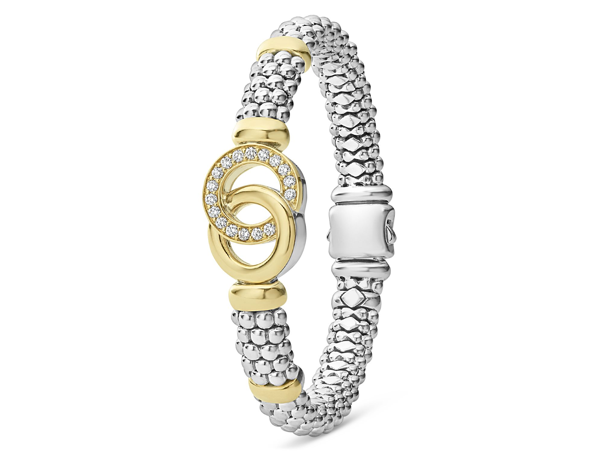 18K Yellow Gold & Sterling Silver Signature Caviar Diamond Interlocking Circle Beaded Bracelet — Image 3