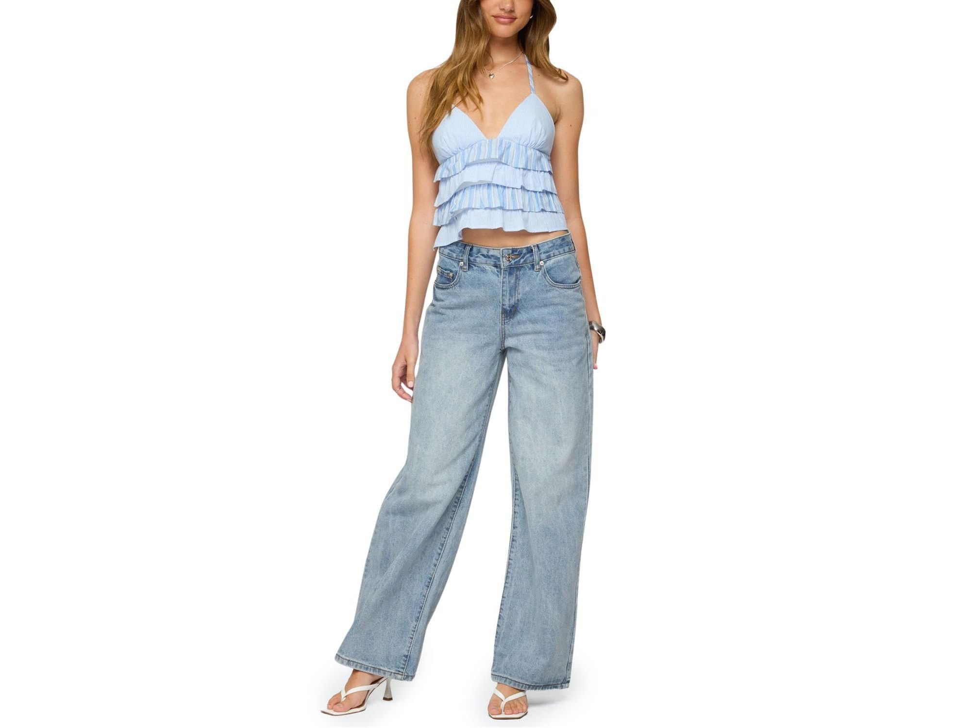 Tiered Ruffle Backless Striped Halter Top — Image 3