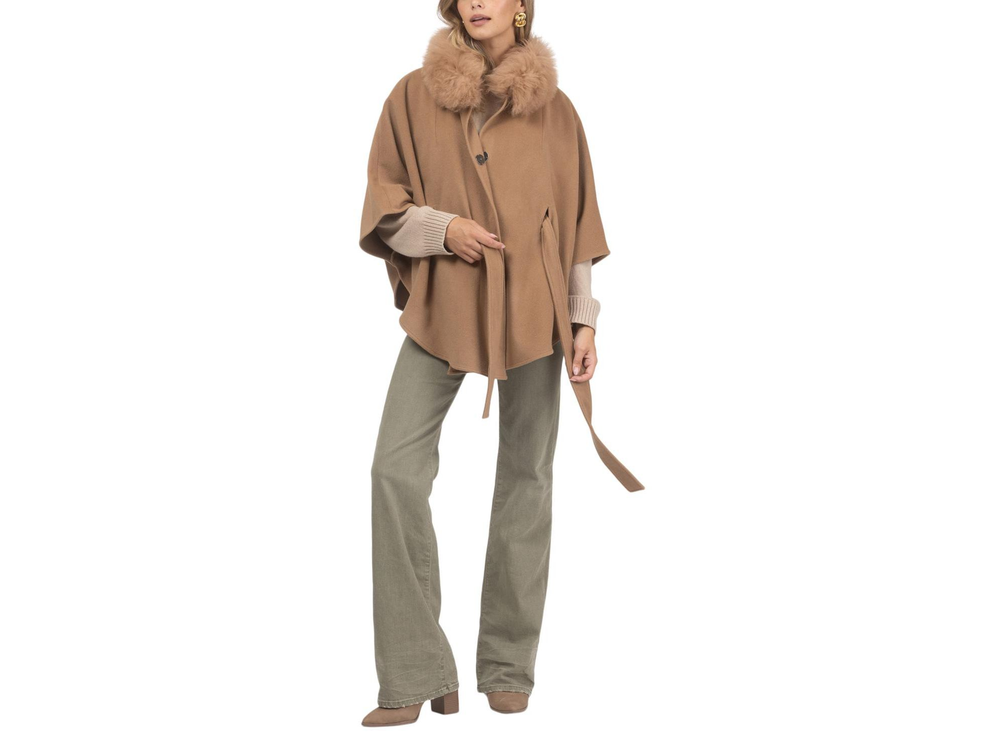 Wool Belted Cape with Lamb Collar — Image 5