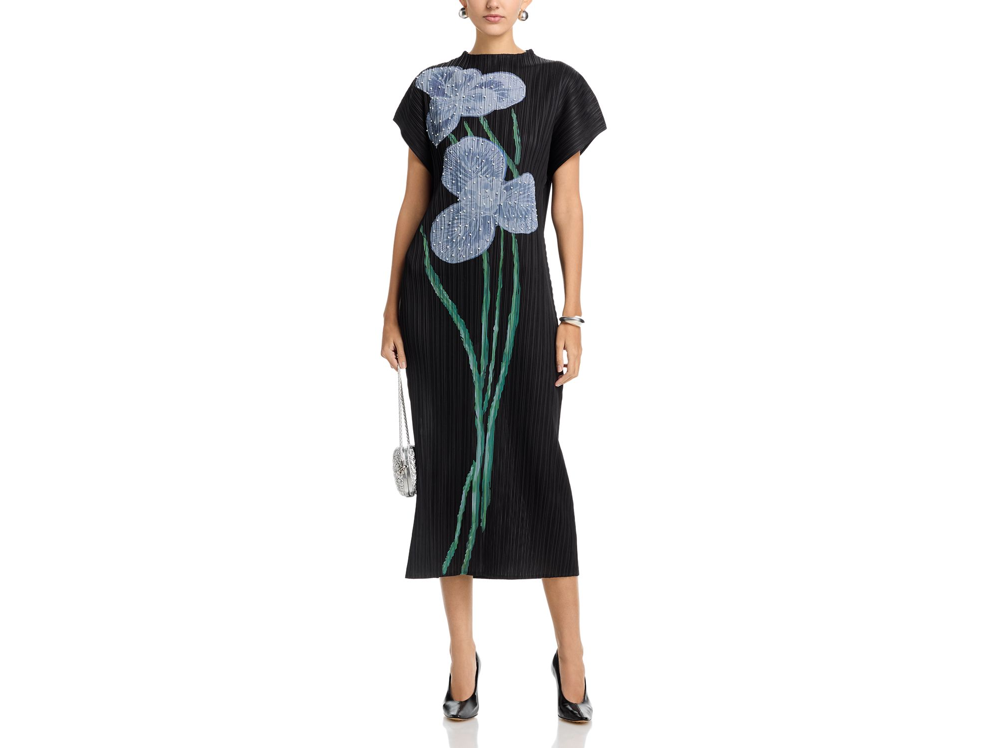Beaded Appliqué Flower Crinkled Dress — Image 3