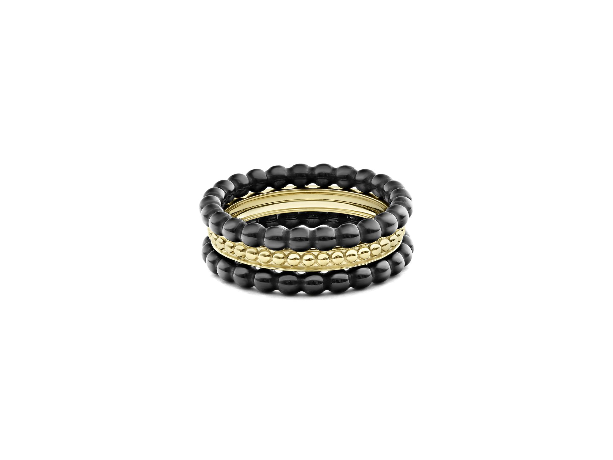 Meridian 18K Yellow Gold Caviar Gold Black Ceramic Stacking Rings, Set of 3 — Image 4
