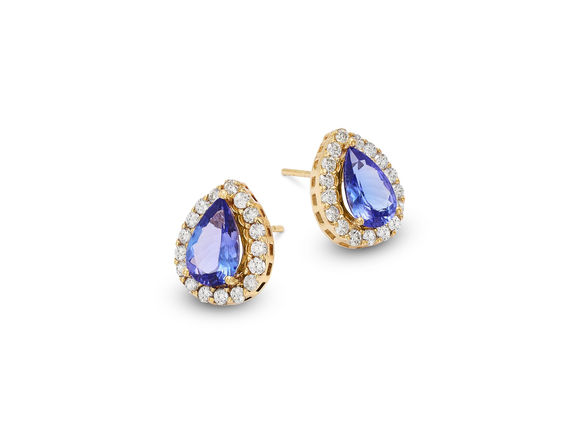Tanzanite & Diamond Halo Pear Stud Earrings in 14K Yellow Gold — Image 3