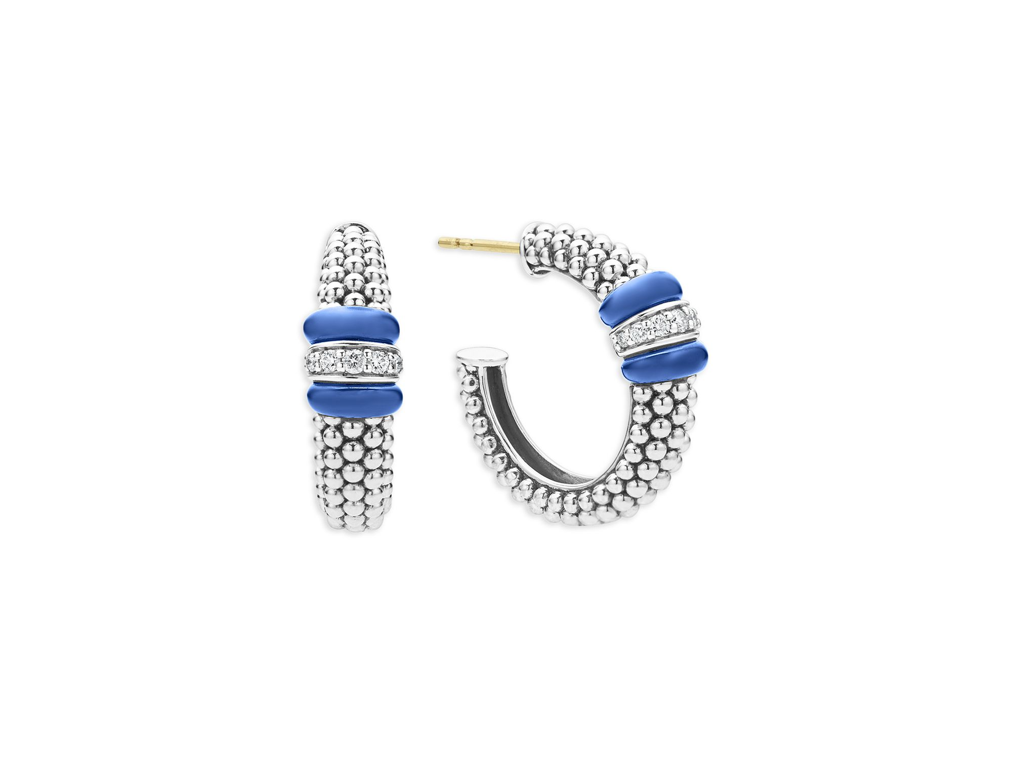 14K Yellow Gold & Sterling Silver Ultramarine Ceramic & Diamond Caviar Bead Hoop Earrings — Image 4