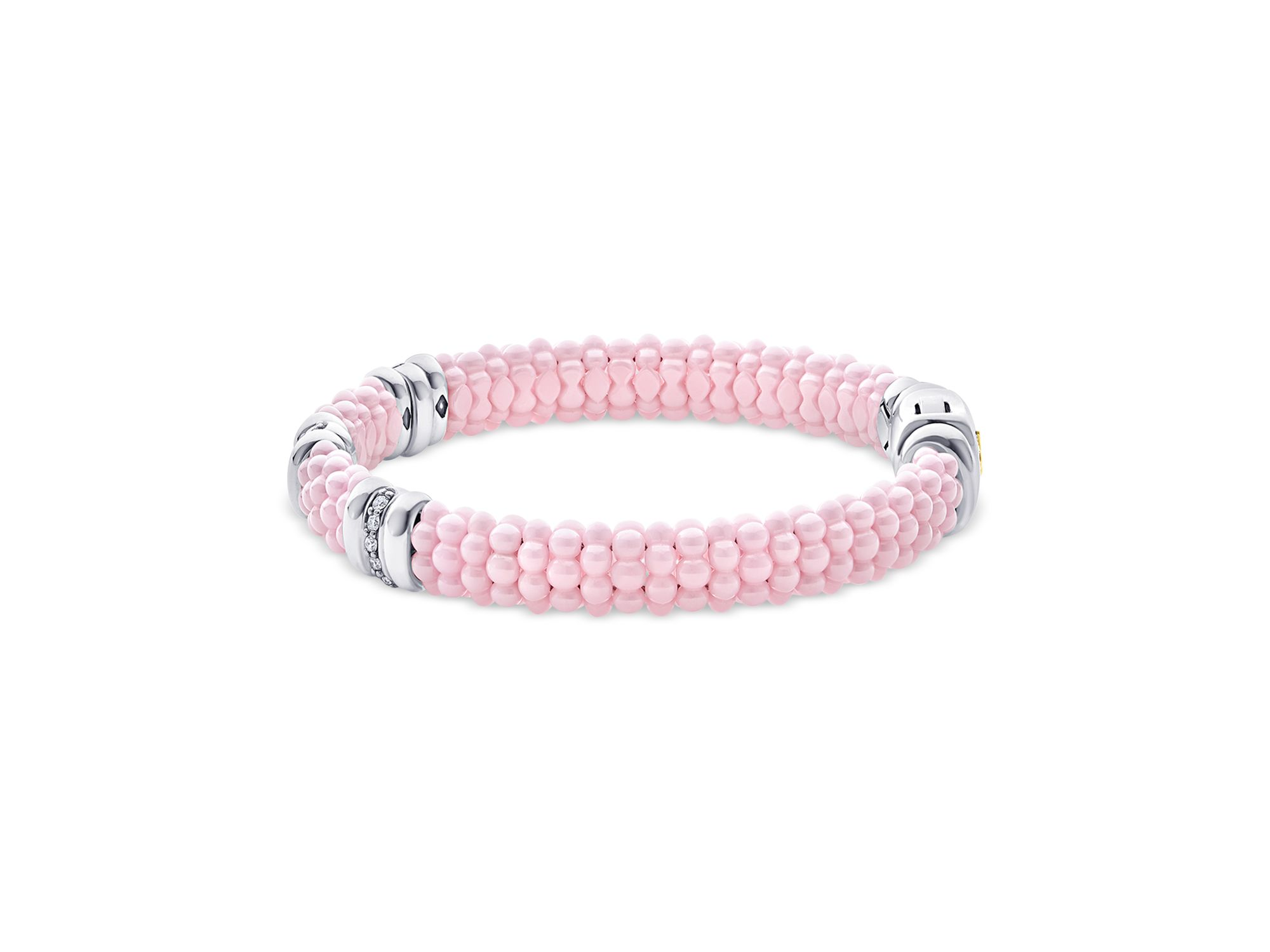 Sterling Silver Pink Caviar Diamond Station Ceramic Bead Bracelet — Image 4